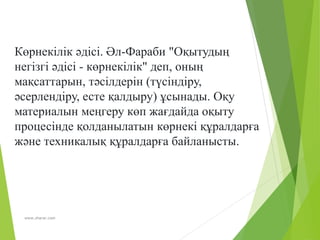 www.zharar.com
Көрнекілік әдісі. Әл-Фараби "Оқытудың
негізгі әдісі - көрнекілік" деп, оның
мақсаттарын, тәсілдерін (түсіндіру,
әсерлендіру, есте қалдыру) ұсынады. Оқу
материалын меңгеру көп жағдайда оқыту
процесінде қолданылатын көрнекі құралдарға
және техникалық құралдарға байланысты.
 