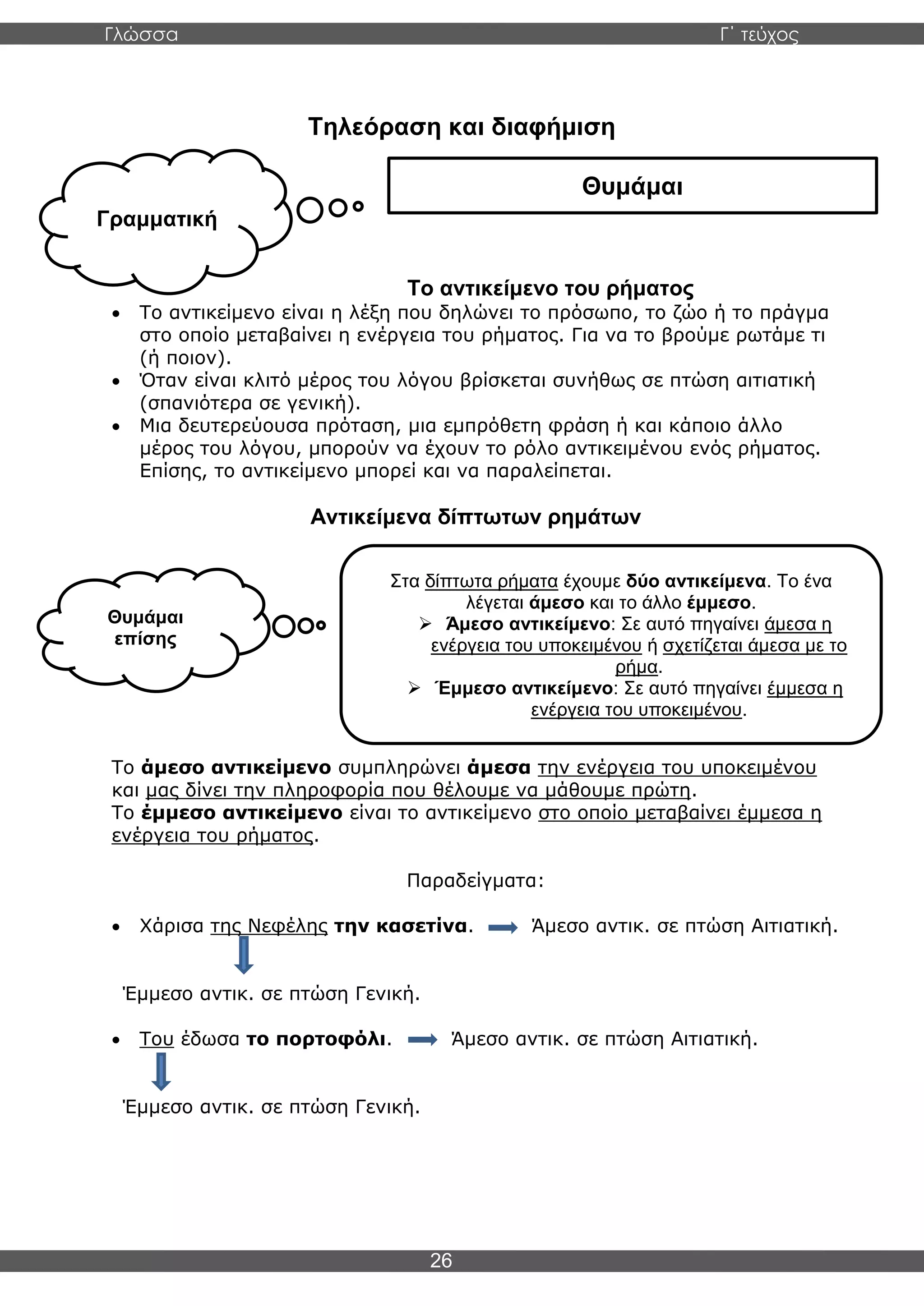 Γλώσσα Γ΄ τεύχος
26
Τηλεόραση και διαφήμιση
Το αντικείμενο του ρήματος
• Το αντικείμενο είναι η λέξη που δηλώνει το πρόσωπο, το ζώο ή το πράγμα
στο οποίο μεταβαίνει η ενέργεια του ρήματος. Για να το βρούμε ρωτάμε τι
(ή ποιον).
• Όταν είναι κλιτό μέρος του λόγου βρίσκεται συνήθως σε πτώση αιτιατική
(σπανιότερα σε γενική).
• Μια δευτερεύουσα πρόταση, μια εμπρόθετη φράση ή και κάποιο άλλο
μέρος του λόγου, μπορούν να έχουν το ρόλο αντικειμένου ενός ρήματος.
Επίσης, το αντικείμενο μπορεί και να παραλείπεται.
Αντικείμενα δίπτωτων ρημάτων
Το άμεσο αντικείμενο συμπληρώνει άμεσα την ενέργεια του υποκειμένου
και μας δίνει την πληροφορία που θέλουμε να μάθουμε πρώτη.
Το έμμεσο αντικείμενο είναι το αντικείμενο στο οποίο μεταβαίνει έμμεσα η
ενέργεια του ρήματος.
Παραδείγματα:
• Χάρισα της Νεφέλης την κασετίνα. Άμεσο αντικ. σε πτώση Αιτιατική.
Έμμεσο αντικ. σε πτώση Γενική.
• Του έδωσα το πορτοφόλι. Άμεσο αντικ. σε πτώση Αιτιατική.
Έμμεσο αντικ. σε πτώση Γενική.
Γραμματική
Θυμάμαι
Θυμάμαι
επίσης
Στα δίπτωτα ρήματα έχουμε δύο αντικείμενα. Το ένα
λέγεται άμεσο και το άλλο έμμεσο.
➢ Άμεσο αντικείμενο: Σε αυτό πηγαίνει άμεσα η
ενέργεια του υποκειμένου ή σχετίζεται άμεσα με το
ρήμα.
➢ Έμμεσο αντικείμενο: Σε αυτό πηγαίνει έμμεσα η
ενέργεια του υποκειμένου.
 