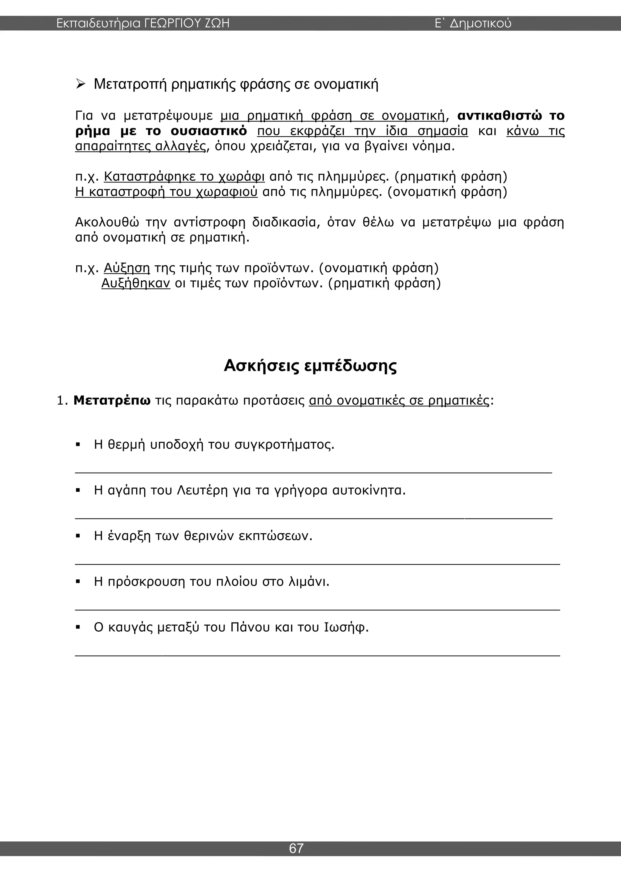 Εκπαιδευτήρια ΓΕΩΡΓΙΟΥ ΖΩΗ E΄ Δημοτικού
Η E΄ Δημοτικού
67
➢ Μετατροπή ρηματικής φράσης σε ονοματική
Για να μετατρέψουμε μια ρηματική φράση σε ονοματική, αντικαθιστώ το
ρήμα με το ουσιαστικό που εκφράζει την ίδια σημασία και κάνω τις
απαραίτητες αλλαγές, όπου χρειάζεται, για να βγαίνει νόημα.
π.χ. Καταστράφηκε το χωράφι από τις πλημμύρες. (ρηματική φράση)
Η καταστροφή του χωραφιού από τις πλημμύρες. (ονοματική φράση)
Ακολουθώ την αντίστροφη διαδικασία, όταν θέλω να μετατρέψω μια φράση
από ονοματική σε ρηματική.
π.χ. Αύξηση της τιμής των προϊόντων. (ονοματική φράση)
Αυξήθηκαν οι τιμές των προϊόντων. (ρηματική φράση)
Ασκήσεις εμπέδωσης
1. Μετατρέπω τις παρακάτω προτάσεις από ονοματικές σε ρηματικές:
▪ Η θερμή υποδοχή του συγκροτήματος.
____________________________________________________________
▪ Η αγάπη του Λευτέρη για τα γρήγορα αυτοκίνητα.
____________________________________________________________
▪ Η έναρξη των θερινών εκπτώσεων.
_____________________________________________________________
▪ Η πρόσκρουση του πλοίου στο λιμάνι.
_____________________________________________________________
▪ Ο καυγάς μεταξύ του Πάνου και του Ιωσήφ.
_____________________________________________________________
 