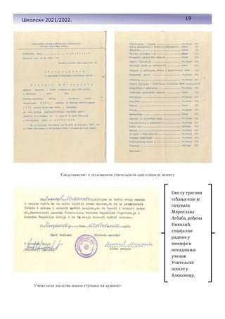 19
Школска 2021/2022.
Ово су трагови
сећања које је
сачувала
Мирослава
Агбаба, рођена
Николић,
социјални
радник у
пензији и
некадашњи
ученик
Учитељске
школе у
Алексинцу.
Сведочанство о положеном учитељском дипломском испиту
Учитељска заклетва након ступања на дужност
19
Школска 2021/2022.
 