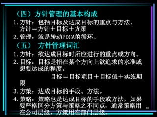 10
（四）方针管理的基本构成
1.方针：包括目标及达成目标的重点与方法。
方针＝方针＋目标＋方策
2.管理：就是转动PDCA的循环。
（五） 方针管理词汇
1.方针：欲达成目标时所应进行的重点或方向。
2.目标：目标是指在某个方向上欲追求的水准或
想要达成的程度。
目标＝目标项目＋目标值＋实施期
限
3.方策：达成目标的手段、方法。
4.策略：策略也是达成目标的手段或方法，如果
要严格区分方策与策略之不同点，通常策略用
在公司层级，方策用在部门层级。
 