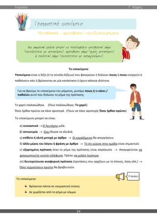 Γλώσσα Γ΄ τεύχος
54
Το υποκείμενο
Υποκείμενο είναι η λέξη (ή το σύνολο λέξεων) που φανερώνει ή δηλώνει ποιος ή ποιοι ενεργούν ή
παθαίνουν κάτι ή βρίσκονται σε μία κατάσταση ή έχουν κάποια ιδιότητα.
Το χαρτί τσαλακώθηκε. (Ποιο τσαλακώθηκε; Το χαρτί)
Όσοι ήρθαν πρώτοι να πάνε αριστερά. (Ποιοι να πάνε αριστερά; Όσοι ήρθαν πρώτοι)
Το υποκείμενο μπορεί να είναι:
α) ουσιαστικό → Ο Λευτέρης μιλά.
β) αντωνυμία → Εγώ έδωσα τα κλειδιά.
γ) επίθετο ή κλιτή μετοχή με άρθρο → Οι εργαζόμενοι θα απεργήσουν.
δ) άλλο μέρος του λόγου ή φράση με άρθρο → Το ότι γύρισε στην ομάδα είναι σημαντικό.
ε) εξαρτημένη πρόταση όταν το ρήμα της πρότασης είναι απρόσωπο → Απαγορεύεται να
χρησιμοποιείτε κινητά τηλέφωνα. Πρέπει να μιλάτε λιγότερο.
στ) δευτερεύουσα αναφορική πρόταση (προτάσεις που αρχίζουν με το όποιος, όσος κλπ.) →
Όσοι τερματίσουν πρώτοι θα βραβευτούν.
Το υποκείμενο:
Βρίσκεται πάντα σε ονομαστική πτώση.
Δε χωρίζεται από το ρήμα με κόμμα.
Για να βρούμε το υποκείμενο του ρήματος, ρωτάμε ποιος ή τι κάνει /
παθαίνει αυτό που δηλώνει το ρήμα της πρότασης.
 