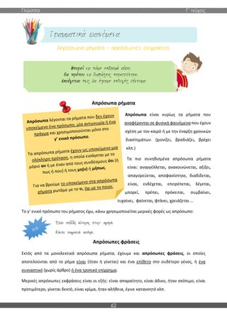 Γλώσσα Γ΄ τεύχος
62
Απρόσωπα ρήματα
Απρόσωπα είναι κυρίως τα ρήματα που
αναφέρονται σε φυσικά φαινόμενα που έχουν
σχέση με τον καιρό ή με την έναρξη χρονικών
διαστημάτων. (χιονίζει, βραδιάζει, βρέχει
κλπ.)
Τα πιο συνηθισμένα απρόσωπα ρήματα
είναι: αναγγέλλεται, ανακοινώνεται, αξίζει,
απαγορεύεται, αποφασίστηκε, διαδίδεται,
είναι, ενδέχεται, επιτρέπεται, λέγεται,
μπορεί, πρέπει, πρόκειται, συμβαίνει,
τυχαίνει, φαίνεται, φτάνει, χρειάζεται …
Το γ’ ενικό πρόσωπο του ρήματος έχω, κάνω χρησιμοποιείται μερικές φορές ως απρόσωπο:
Απρόσωπες φράσεις
Εκτός από τα μονολεκτικά απρόσωπα ρήματα, έχουμε και απρόσωπες φράσεις, οι οποίες
αποτελούνται από το ρήμα είναι (ήταν ή γίνεται) και ένα επίθετο στο ουδέτερο γένος, ή ένα
ουσιαστικό (χωρίς άρθρο) ή ένα τροπικό επίρρημα.
Μερικές απρόσωπες εκφράσεις είναι οι εξής: είναι απαραίτητο, είναι άδικο, ήταν σκόπιμο, είναι
προτιμότερο, γίνεται δεκτό, είναι κρίμα, ήταν αλήθεια, έγινε κατανοητό κλπ.
 