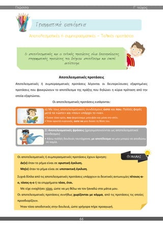 Γλώσσα Γ΄ τεύχος
66
Αποτελεσματικές προτάσεις
Αποτελεσματικές ή συμπερασματικές προτάσεις λέγονται οι δευτερεύουσες εξαρτημένες
προτάσεις που φανερώνουν το αποτέλεσμα της πράξης που δηλώνει η κύρια πρόταση από την
οποία εξαρτώνται.
Οι αποτελεσματικές προτάσεις εισάγονται:
Οι αποτελεσματικές ή συμπερασματικές προτάσεις έχουν άρνηση:
Δε(ν) όταν το ρήμα είναι σε οριστική έγκλιση.
Μη(ν) όταν το ρήμα είναι σε υποτακτική έγκλιση.
Συχνά δίπλα από τις αποτελεσματικές προτάσεις υπάρχουν οι δεικτικές αντωνυμίες τέτοιος-α-
ο, τόσος-η-ο ή τα επιρρήματα τόσο, έτσι.
Με είχε ενοχλήσει τόσο, ώστε να μη θέλω να τον ξαναδώ στα μάτια μου.
Οι αποτελεσματικές προτάσεις συνήθως χωρίζονται με κόμμα, από τις προτάσεις τις οποίες
προσδιορίζουν.
Ήταν τόσο αποδοτικός στην δουλειά, ώστε γρήγορα πήρε προαγωγή.
α) Με τους αποτελεσματικούς συνδέσμους ώστε και που. Πολλές φορές
μετά τα «ώστε» και «που» υπάρχει το «να».
• Έκανε τόσο κρύο, που φορούσαμε μπουφάν και μέσα στο σπίτι.
• Ήταν αρκετά ευγενικός, ώστε να μου δώσει τη θέση του.
β) Αποτελεσματικές φράσεις (χρησιμοποιούνται ως αποτελεσματικοί
σύνδεσμοι)
• Κάνω πολλές δουλειές ταυτόχρονα, με αποτέλεσμα να μην μπορώ να αποδώσω
σε καμία.
 