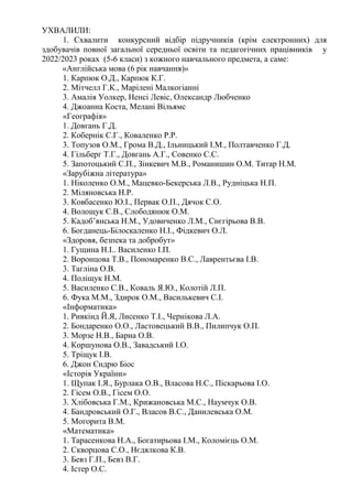 УХВАЛИЛИ:
1. Схвалити конкурсний відбір підручників (крім електронних) для
здобувачів повної загальної середньої освіти та педагогічних працівників у
2022/2023 роках (5-6 класи) з кожного навчального предмета, а саме:
«Англійська мова (6 рік навчання)»
1. Карпюк О.Д., Карпюк К.Г.
2. Мітчелл Г.К., Марілені Малкогіанні
3. Амалія Уолкер, Ненсі Левіс, Олександр Любченко
4. Джоанна Коста, Мелані Вільямс
«Географія»
1. Довгань Г.Д.
2. Кобернік С.Г., Коваленко Р.Р.
3. Топузов О.М., Грома В.Д., Ільницький І.М., Полтавченко Г.Д.
4. Гільберг Т.Г., Довгань А.Г., Совенко С.С.
5. Запотоцький С.П., Зінкевич М.В., Романишин О.М. Титар Н.М.
«Зарубіжна література»
1. Ніколенко О.М., Мацевко-Бекерська Л.В., Рудніцька Н.П.
2. Міляновська Н.Р.
3. Ковбасенко Ю.І., Первак О.П., Дячок С.О.
4. Волощук Є.В., Слободянюк О.М.
5. Кадоб’янська Н.М., Удовиченко Л.М., Снєгірьова В.В.
6. Богданець-Білоскаленко Н.І., Фідкевич О.Л.
«Здоровя, безпека та добробут»
1. Гущина Н.І.. Василенко І.П.
2. Воронцова Т.В., Пономаренко В.С., Лаврентьєва І.В.
3. Тагліна О.В.
4. Поліщук Н.М.
5. Василенко С.В., Коваль Я.Ю., Колотій Л.П.
6. Фука М.М., Здирок О.М., Василькевич С.І.
«Інформатика»
1. Ривкінд Й.Я, Лисенко Т.І., Чернікова Л.А.
2. Бондаренко О.О., Ластовецький В.В., Пилипчук О.П.
3. Морзе Н.В., Барна О.В.
4. Коршунова О.В., Завадський І.О.
5. Тріщук І.В.
6. Джон Єндрю Біос
«Історія України»
1. Щупак І.Я., Бурлака О.В., Власова Н.С., Піскарьова І.О.
2. Гісем О.В., Гісем О.О.
3. Хлібовська Г.М., Крижановська М.С., Наумчук О.В.
4. Бандровський О.Г., Власов В.С., Данилевська О.М.
5. Могорита В.М.
«Математика»
1. Тарасенкова Н.А., Богатирьова І.М., Коломієць О.М.
2. Скворцова С.О., Нєдялкова К.В.
3. Бевз Г.П., Бевз В.Г.
4. Істер О.С.
 