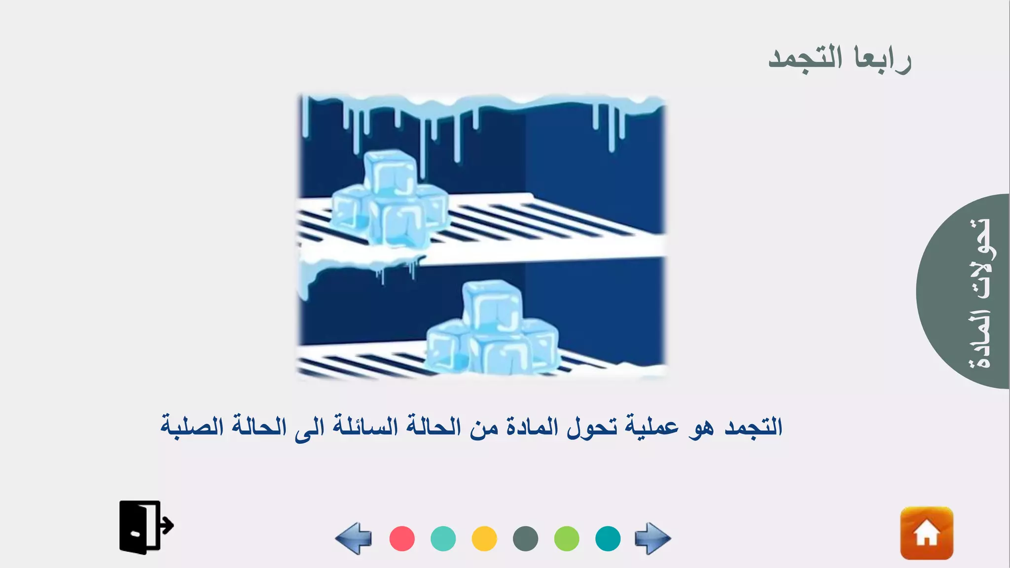 ‫المادة‬
‫تحوالت‬
‫التجمد‬ ‫رابعا‬
‫الصلب‬ ‫الحالة‬ ‫الى‬ ‫السائلة‬ ‫الحالة‬ ‫من‬ ‫المادة‬ ‫تحول‬ ‫عملية‬ ‫هو‬ ‫التجمد‬
‫ة‬
 