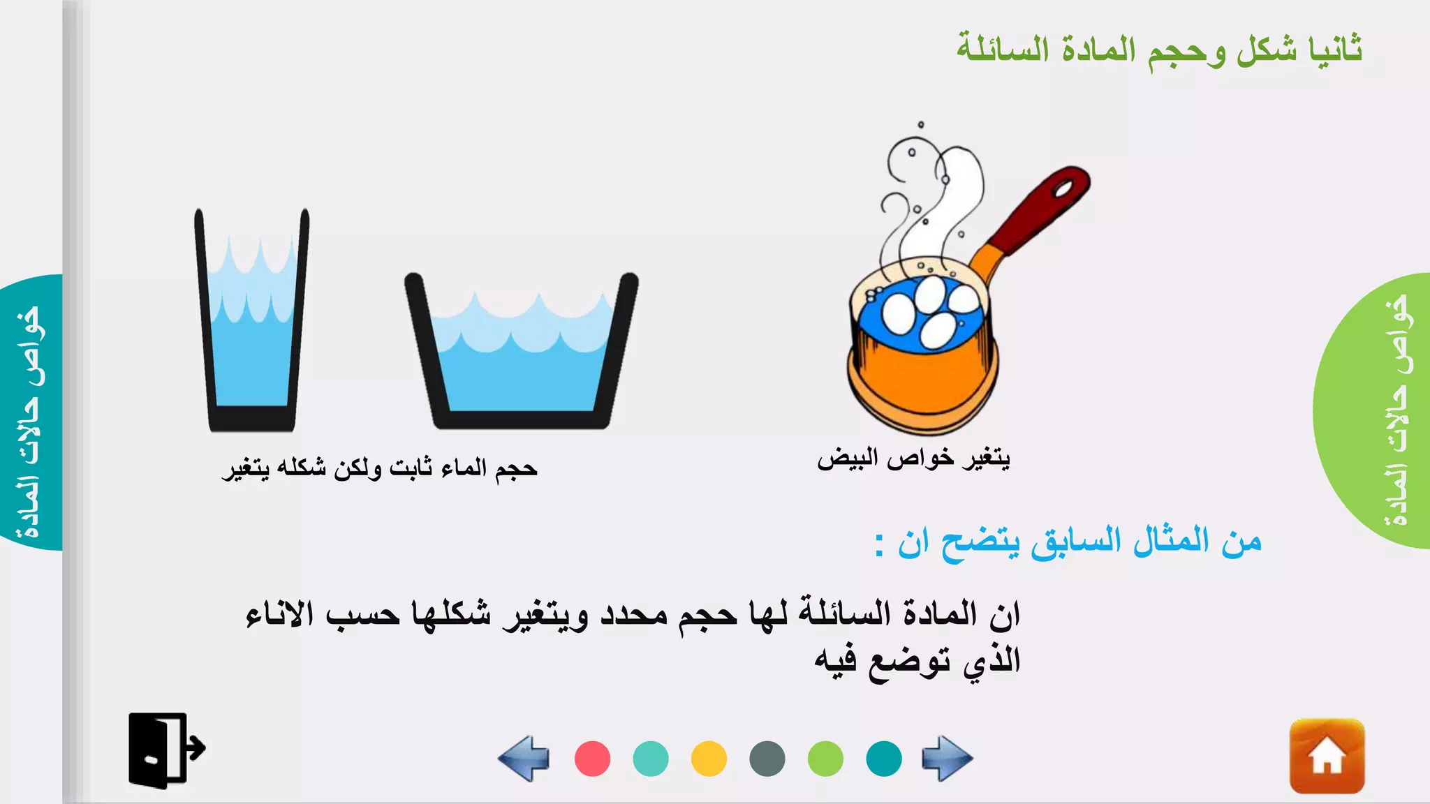 ‫اإلعداد‬
‫األهداف‬
‫الفهرس‬
‫المادة‬
‫حاالت‬
‫خواص‬
‫السائل‬ ‫المادة‬ ‫وحجم‬ ‫شكل‬ ‫ثانيا‬
‫ة‬
‫ان‬ ‫يتضح‬ ‫السابق‬ ‫المثال‬ ‫من‬
:
‫اال‬ ‫حسب‬ ‫شكلها‬ ‫ويتغير‬ ‫محدد‬ ‫حجم‬ ‫لها‬ ‫السائلة‬ ‫المادة‬ ‫ان‬
‫ناء‬
‫فيه‬ ‫توضع‬ ‫الذي‬
‫البيض‬ ‫خواص‬ ‫يتغير‬
‫يت‬ ‫شكله‬ ‫ولكن‬ ‫ثابت‬ ‫الماء‬ ‫حجم‬
‫غير‬
‫المادة‬
‫حاالت‬
‫خواص‬
 