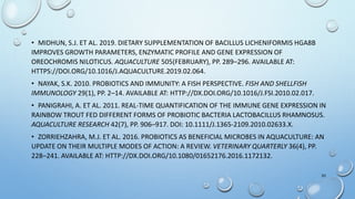 • MIDHUN, S.J. ET AL. 2019. DIETARY SUPPLEMENTATION OF BACILLUS LICHENIFORMIS HGA8B
IMPROVES GROWTH PARAMETERS, ENZYMATIC PROFILE AND GENE EXPRESSION OF
OREOCHROMIS NILOTICUS. AQUACULTURE 505(FEBRUARY), PP. 289–296. AVAILABLE AT:
HTTPS://DOI.ORG/10.1016/J.AQUACULTURE.2019.02.064.
• NAYAK, S.K. 2010. PROBIOTICS AND IMMUNITY: A FISH PERSPECTIVE. FISH AND SHELLFISH
IMMUNOLOGY 29(1), PP. 2–14. AVAILABLE AT: HTTP://DX.DOI.ORG/10.1016/J.FSI.2010.02.017.
• PANIGRAHI, A. ET AL. 2011. REAL-TIME QUANTIFICATION OF THE IMMUNE GENE EXPRESSION IN
RAINBOW TROUT FED DIFFERENT FORMS OF PROBIOTIC BACTERIA LACTOBACILLUS RHAMNOSUS.
AQUACULTURE RESEARCH 42(7), PP. 906–917. DOI: 10.1111/J.1365-2109.2010.02633.X.
• ZORRIEHZAHRA, M.J. ET AL. 2016. PROBIOTICS AS BENEFICIAL MICROBES IN AQUACULTURE: AN
UPDATE ON THEIR MULTIPLE MODES OF ACTION: A REVIEW. VETERINARY QUARTERLY 36(4), PP.
228–241. AVAILABLE AT: HTTP://DX.DOI.ORG/10.1080/01652176.2016.1172132.
30
 