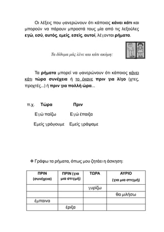 Οι λέξεις που φανερώνουν ότι κάποιος κάνει κάτι και
μπορούν να πάρουν μπροστά τους μία από τις λεξούλες
εγώ, εσύ, αυτός, εμείς, εσείς, αυτοί, λέγονται ρήματα.
Τα δίδυμα μάς λένε και κάτι ακόμη:
Τα ρήματα μπορεί να φανερώνουν ότι κάποιος κάνει
κάτι τώρα συνέχεια ή το έκανε πριν για λίγο (χτες,
προχτές...) ή πριν για πολλή ώρα...
π.χ. Τώρα Πριν
Εγώ παίζω Εγώ έπαιξα
Εμείς γράφουμε Εμείς γράψαμε
❖Γράφω τα ρήματα, όπως μου ζητάει η άσκηση:
ΠΡΙΝ
(συνέχεια)
ΠΡΙΝ (για
μια στιγμή)
ΤΩΡΑ ΑΥΡΙΟ
(για μια στιγμή)
γυρίζω
θα μιλήσω
έμπαινα
έριξα
 