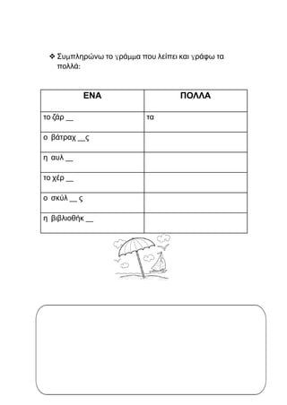 ❖Συμπληρώνω το γράμμα που λείπει και γράφω τα
πολλά:
ΕΝΑ ΠΟΛΛΑ
το ζάρ __ τα
ο βάτραχ __ς
η αυλ __
το χέρ __
ο σκύλ __ ς
η βιβλιοθήκ __
 