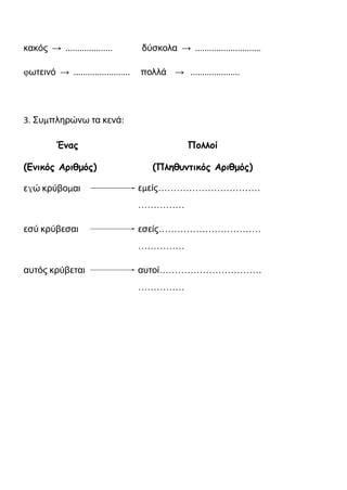 κακός → .................... δύσκολα → ............................
φωτεινό → ........................ πολλά → .....................
3. Συμπληρώνω τα κενά:
Ένας
(Ενικός Αριθμός)
Πολλοί
(Πληθυντικός Αριθμός)
εγώ κρύβομαι εμείς……………………………
……………
εσύ κρύβεσαι εσείς……………………………
……………
αυτός κρύβεται αυτοί……………………………
……………
 