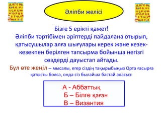 Alphabet Line
Бізге 5 ерікті қажет!
Әліпби тәртібімен әріптерді пайдалана отырып,
қатысушылар алға шығулары керек және кезек-
кезекпен берілген тапсырма бойынша негізгі
сөздерді дауыстап айтады.
Бұл өте жеңіл – мысалы, егер сіздің тақырыбыңыз Орта ғасырға
қатысты болса, онда сіз былайша бастай аласыз:
А - Aббаттық
Б – Білге қаған
В – Византия
Әліпби желісі
 