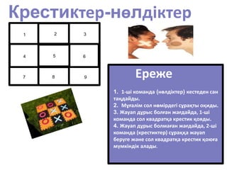 1 2 3
4 5 6
7 8 9
Крестиктер-нөлдіктер
Rules:
1. 1-ші команда (нөлдіктер) кестеден сан
таңдайды.
2. Мұғалім сол нөмірдегі сұрақты оқиды.
3. Жауап дұрыс болған жағдайда, 1-ші
команда сол квадратқа крестик қояды.
4. Жауап дұрыс болмаған жағдайда, 2-ші
команда (крестиктер) сұраққа жауап
беруге және сол квадратқа крестик қоюға
мүмкіндік алады.
Ереже
 