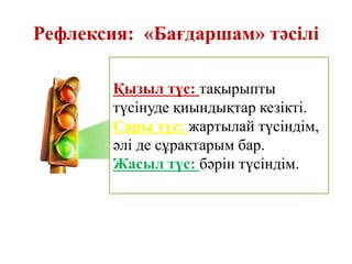 Рефлексия: «Бағдаршам» тәсілі
Қызыл түс: тақырыпты
түсінуде қиындықтар кезікті.
Сары түс: жартылай түсіндім,
әлі де сұрақтарым бар.
Жасыл түс: бәрін түсіндім.
 
