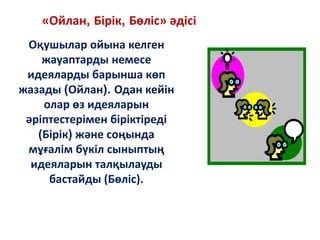 «Ойлан, Бірік, Бөліс» әдісі
Оқушылар ойына келген
жауаптарды немесе
идеяларды барынша көп
жазады (Ойлан). Одан кейін
олар өз идеяларын
әріптестерімен біріктіреді
(Бірік) және соңында
мұғалім бүкіл сыныптың
идеяларын талқылауды
бастайды (Бөліс).
 
