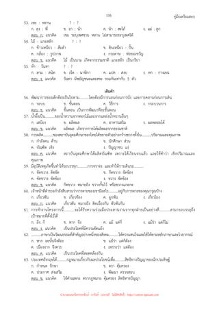 คู่มือเตรียมสอบ
106
53. เขย : หลาน ? : ?
ก. ลุง : พี่ ข. อา : น้า ค. น้า : สะใภ้ ง. แม่ : ลูก
ตอบ ก. แนวคิด เขย ระบุเพศชาย หลาน ไม่สามารถระบุเพศได้
54. ไม้ : แกะสลัก ? : ?
ก. ข้าวเหนียว : ส้มตํา ข. ดินเหนียว : ปั้น
ค. กล้อง : รูปภาพ ง. กระดาษ : ห่อของขวัญ
ตอบ ข. แนวคิด ไม้ เป็นนาม เกิดจากธรรมชาติ แกะสลัก เป็นกริยา
55. ห้า : วันทา ? : ?
ก. สาม : สนิท ข. เจ็ด : นาฬิกา ค. แปด : สงบ ง. หก : กางเขน
ตอบ ง. แนวคิด วันทา มีพยัญชนะและสระ รวมกันเท่ากับ 5 ตัว
เติมคํา
56. พัฒนาการของเด็กต้องเป็นไปตาม...........โดยต้องมีการนอนก่อนการนั่ง และการคลานก่อนการเดิน
ก. ระบบ ข. ขั้นตอน ค. วิธีการ ง. กระบวนการ
ตอบ ข. แนวคิด ขั้นตอน เป็นการพัฒนาทีละขั้นตอน
57. น้ําผึ้งเป็น...........ของน้ําหวานจากดอกไม้และจากแหล่งน้ําหวานอื่นๆ
ก. เสบียง ข. ผลิตผล ค. อาหารเสริม ง. ผลพลอยได้
ตอบ ข. แนวคิด ผลิตผล เกิดจากการได้ผลิตผลจากธรรมชาติ
58. การผลิต...........ของสถาบันอุดมศึกษาของไทยได้ขยายตัวอย่างกว้างขวางทั้งใน...........ปริมาณและคุณภาพ
ก. กําลังคน ด้าน ข. นักศึกษา ส่วน
ค. บัณฑิต เชิง ง. ปัญญาชน แง่
ตอบ ค. แนวคิด สถาบันอุดมศึกษาได้ผลิตบัณฑิต เพราะได้เรียนจบแล้ว และใช้คําว่า เชิงปริมาณและ
คุณภาพ
59. มีอุบัติเหตุเกิดขึ้นทําให้รถบรรทุก...........การจราจร และทําให้การเดินรถ...........
ก. ขัดขวาง ติดขัด ข. กีดขวาง ขัดข้อง
ค. ขัดขวาง ขัดข้อง ง. ขวาง ขัดข้อง
ตอบ ข. แนวคิด กีดขวาง หมายถึง ขวางกั้นไว้ หรือขวางแกะกะ
60. เจ้าหน้าที่ตํารวจกําลังสืบสวนว่าการตายของเขามีอะไร...........อยู่กับการตายของคุณวรุณบ้าง
ก. เกี่ยวพัน ข. เกี่ยวข้อง ค. ผูกพัน ง. เกี่ยวโยง
ตอบ ก. แนวคิด เกี่ยวพัน หมายถึง ติดเนื่องกัน พัวพันกัน
61. การทํางานโครงการนี้...........จะได้รับความร่วมมือประสานงานจากทุกฝ่ายเป็นอย่างดี...........สามารถบรรลุถึง
เป้าหมายที่ตั้งไว้ได้
ก. ถึง ก็ ข. หาก จึง ค. แม้ แต่ก็ ง. แม้ว่า แต่ก็ไม่
ตอบ ง. แนวคิด เป็นประโยคที่มีความขัดแย้ง
62. ...........ภาษาเป็นวัฒนธรรมที่สําคัญอย่างหนึ่งของสังคม...........ให้ความสนใจและใช้ให้ตามหลักภาษาและไวยากรณ์
ก. หาก ฉะนั้นจึงต้อง ข. แม้ว่า แต่ก็ต้อง
ค. เนื่องจาก จึงควร ง. เพราะว่า แต่ต้อง
ตอบ ค. แนวคิด เป็นประโยคที่สอดคล้องกัน
63. ประเทศอังกฤษได้...........กฎหมายเกี่ยวกับผลประโยชน์เพื่อ...........สิทธิทางปัญญาของนักประดิษฐ์
ก. กําหนด รักษา ข. ตรา คุ้มครอง
ค. ประกาศ ส่งเสริม ง. พัฒนา ตรวจสอบ
ตอบ ข. แนวคิด ใช้คําเฉพาะ ตรากฎหมาย คุ้มครอง สิทธิทางปัญญา
นำมาเผยแพร่โดยประพันธ์ เวารัมย์ (แจกฟรี ไม่่มีลิขสิทธิ์) http://valrom.igetweb.com
 