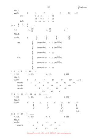 คู่มือเตรียมสอบ
120
ตอบ ก.
แนวคิด 1 3 7 11 21 39 .....71
จาก 1 + 3 + 7 = 11
11 + 7 + 3 = 21
ดังนั้น 39 + 21 + 11 = 71
20. 1 2
1
3
2
5
6 ..........
ก. 1 ข. 11
30 ค. 41
30 ง. 11
41
ตอบ ข.
แนวคิด 1 2
1
3
2
5
6 ..... 11
30
เศษ 2
1 (เศษคูณส่วน) = 2 (พจน์ถัดไป)
3
2 (เศษคูณส่วน) = 6 (พจน์ถัดไป)
5
6 (เศษคูณส่วน) = 30
ส่วน 2
1 (เศษบวกส่วน) = 3 (พจน์ถัดไป)
3
2 (เศษบวกส่วน) = 5 (พจน์ถัดไป)
5
6 (เศษบวกส่วน) = 11
21. 3 5 9 19 47 129 ..........
ก. 373 ข. 176 ค. 195 ง. 211
ตอบ ก.
แนวคิด 3 5 9 19 47 129 .....373
ระยะห่าง 2 4 10 28 82 244
ระยะห่าง 2 6 18 54 162
ระยะห่าง 4 12 36 108
×3 ×3 ×3
22. 9 9 15 25 24 64 36 ..........
ก. 169 ข. 225 ค. 144 ง. 196
ตอบ ก.
แนวคิด 9 9 15 25 24 64 36 ...169
32
52
82
132
3+5 5+8
23. 5 8 17 44 ..........
ก. 125 ข. 368 ค. 81 ง. 153
ตอบ ก.
แนวคิด 5 8 17 44 .....125
ระยะห่าง 3 9 27 81
×3 ×3 ×3
นำมาเผยแพร่โดยประพันธ์ เวารัมย์ (แจกฟรี ไม่่มีลิขสิทธิ์) http://valrom.igetweb.com
 