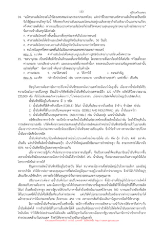 คู่มือเตรียมสอบ
133
94. “แม้ศาลาเฉลิมไทยจะไม่ใช่โรงมหรสพแห่งแรกของประเทศไทย แต่กว่าที่โรงภาพยนตร์ศาลาเฉลิมไทยจะยืนหยัด
รับใช้ผู้ชมมาจนถึงทุกวันนี้ ก็ต้องพบกับความผันผวนและโลดแล่นอยู่บนเส้นทางธุรกิจบันเทิงมาเป็นเวลานานเกือบ
ครึ่งศตวรรษทีเดียว หากจะเปรียบเปรยศาลาเฉลิมไทยก็ผ่านชีวิตพบความสุขและอุปสรรคมาแล้วอย่างมากมาย”
ข้อความข้างต้นสรุปได้อย่างไร
ก. ศาลาเฉลิมไทยสร้างขึ้นครั้งแรกเพื่อจุดประสงค์เป็นโรงภาพยนตร์
ข. ศาลาเฉลิมไทยได้สร้างและเปิดดําเนินธุรกิจบันเทิงมานานเกือบ 50 ปีแล้ว
ค. ศาลาเฉลิมไทยประสบความสําเร็จในธุรกิจบันเทิงมานานกว่าครึ่งศตวรรษ
ง. คนไทยในยุคครึ่งศตวรรษที่แล้วไม่นิยมการชมมหรสพประเภทภาพยนตร์
ตอบ ข. แนวคิด ศาลาเฉลิมไทยได้โลดแล่นอยู่บนเส้นทางธุรกิจบันเทิงมานานเกือบครึ่งศตวรรษ
95. “พจนานุกรม เป็นหนังสือที่เขียนในลักษณะสั้นกะทัดรัดที่สุด โดยพยายามที่แยกถ้อยคําให้เด่นชัด พร้อมทั้งบอก
ความหมาย บอกเสียงอ่านของคํา และบอกแหล่งที่มาของคํานั้นๆ ตลอดจนเป็นการรวบรวมข้อมูลของคําเหล่านั้น
อย่างย่อที่สุด” ข้อความข้างต้นกล่าวถึงพจนานุกรมในด้านใด
ก. ความหมาย ข. ประวัติศาสตร์ ค. วิธีการใช้ ง. ความสําคัญ
ตอบ ข. แนวคิด กล่าวถึงประโยชน์ เช่น บอกความหมาย บอกเสียงอ่านของคํา แหล่งที่มา เป็นต้น
ปัจจุบันความต้องการในการบริโภคน้ํามันพืชของคนในประเทศไทยมีแนวโน้มสูงขึ้น เนื่องจากน้ํามันพืชได้รับ
ความนิยมในการบริโภคสูง ถึงแม้ว่าบริษัทที่ผลิตน้ํามันพืชในประเทศจะมีถึง 120 บริษัท ผลิตได้ปีละประมาณ
220,000 ตัน ก็ยังไม่เพียงพอกับความต้องการบริโภคของประชาชน เนื่องจากบริษัทที่ตั้งส่วนใหญ่เป็นบริษัทเล็กๆ
น้ํามันพืชที่มีอยู่ในท้องตลาด มี 3 ชนิด
1) น้ํามันพืชที่ใช้สําหรับบริโภค (EDIBLE) ได้แก่ น้ํามันที่ผลิตมาจากถั่วเหลือง รําข้าว ข้าวโพด ปาล์ม
2) น้ํามันพืชที่ใช้ในการบริโภคและอุตสาหกรรม (EDIBLE AND INDUSTRIAL) เช่น น้ํามันมะพร้าว
3) น้ํามันพืชที่ใช้ในการอุตสาหกรรม (INDUSTRIAL) เช่น น้ํามันละหุ่ง และน้ํามันลินสีด
บริษัทผลิตอาหารจํากัด จะเปิดโรงงานผลิตน้ํามันพืชในประเทศไทยเพื่อผลิตน้ํามันปาล์ม โดยใช้วัตถุดิบใน
การผลิตจากมาเลเซีย บริษัทดังกล่าวเคยประสบผลสําเร็จในการผลิตและจําหน่ายน้ํามันพืชชนิดนี้มาแล้วในมาเลเซีย
เนื่องจากประชาชนในประเทศมาเลเซียนิยมบริโภคน้ํามันพืชเพราะเป็นมุสลิม ซึ่งมีข้อห้ามทางศาสนาในการบริโภค
น้ํามันจากไขสัตว์บางชนิด
น้ํามันพืชสําหรับบริโภคที่ผลิตออกจําหน่ายในประเทศไทยมีหลายยี่ห้อ เช่น ทิพ กุ๊ก ช้างบิน คิงส์ อลาดิน
เป็นต้น แต่บริษัทที่ผลิตน้ํามันทิพและกุ๊ก เป็นบริษัทใหญ่และมีปริมาณการจําหน่ายสูง คือ สามารถขายได้มากถึง
40% ของน้ํามันพืชที่มีอยู่ในตลาดทุกชนิดรวมกัน
เนื่องจากความรู้เกี่ยวกับโภชนาการของประชาชนมีสูงขึ้น จึงเป็นสาเหตุให้คนหันมานิยมน้ํามันพืชมากขึ้น
เพราะน้ํามันพืชมีคอเรสเตอรอลน้อยกว่าน้ํามันที่ได้จากไขสัตว์ เช่น น้ํามันหมู ซึ่งคอเรสเตอรอลเป็นสาเหตุทําให้เกิด
โรคบางชนิดในร่างกายได้
ปัญหาการผลิตน้ํามันพืชที่มีอยู่ในปัจจุบัน ได้แก่ ขนาดของโรงงานซึ่งส่วนใหญ่เป็นโรงงานเล็กๆ และมีอยู่
หลายบริษัท ทําให้ยากต่อการควบคุมคุณภาพซึ่งส่วนใหญ่มีคุณภาพอยู่ในระดับต่ํากว่ามาตรฐาน จึงทําให้บริษัทใหญ่ๆ
เสียเปรียบบริษัทเล็กๆ เพราะต้องใช้ต้นทุนสูงกว่าในการตรวจสอบและควบคุมคุณภาพ
ปริมาณความต้องการน้ํามันพืชในการบริโภคของตลาดยังมีอยู่มาก ซึ่งโรงงานที่มีอยู่ยังไม่สามารถผลิตให้
เพียงพอกับความต้องการ และเนื่องจากรัฐบาลได้กําหนดราคาจําหน่ายขั้นสูงของน้ํามันพืชไว้ทั้งวัตถุดิบที่ใช้ในการผลิต
ได้แก่ ถั่วเหลืองมีราคาสูง เพราะรัฐบาลได้ประกันราคาขั้นต่ําถั่วเหลืองในประเทศไว้หาบละ 500 บาทและถั่วเหลืองที่ผลิต
ได้ในประเทศให้น้ํามันได้ไม่ดีเมื่อเทียบกับต่างประเทศ แต่บริษัทไม่สามารถจะสั่งถั่วเหลืองจากต่างประเทศเข้ามาได้
แม้ราคาจะต่ํากว่าในประเทศก็ตาม คือหาบละ 450 บาท เพราะการสั่งเข้าต้องเสียภาษีศุลกากรจึงทําให้ราคาสูง
ในการผลิตน้ํามันพืชประเภทถั่วเหลืองนั้น จะมีกากที่เหลือจากการผลิตสามารถนําไปขายได้ราคาดีเท่าๆ กับ
น้ํามันที่ผลิตได้ กากถั่วนําไปใช้ในการเลี้ยงสัตว์ได้ดี และเป็นที่นิยมมากกว่าถั่วที่ยังไม่ได้สกัดน้ํามันออกเพราะกากถั่ว
ไขมันน้อย ทําให้สัตว์ย่อยง่ายและไม่ต้องเสีย แต่ก็มีปัญหาในเรื่องราคาเนื่องจากรัฐบาลยกเว้นภาษีการนําเข้ากากถั่วจาก
ต่างประเทศเข้ามาในประเทศ จึงทําให้ราคากากถั่วเหลือภายในตกต่ํา
นำมาเผยแพร่โดยประพันธ์ เวารัมย์ (แจกฟรี ไม่่มีลิขสิทธิ์) http://valrom.igetweb.com
 