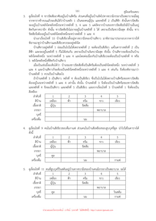 คู่มือเตรียมสอบ
161
3. ดูเงื่อนไขที่ 4 ชาวรัสเซียอาศัยอยู่ในบ้านสีครีม ส่วนคนที่อยู่ในบ้านถัดไปทางขวามีภรรยาเป็นพยาบาลเมื่อดู
จากตารางข้างบนแล้วจะเห็นได้ว่าบ้านหลัง 1 เป็นของคนญี่ปุ่น และหลังที่ 2 เป็นสีฟ้า ดังนั้นชาวรัสเซีย
จะอยู่ในบ้านหลังใดหลังหนึ่งระหว่างหลังที่ 3, 4 และ 5 แต่ถัดจากบ้านของชาวรัสเซียยังมีบ้านอื่นอยู่
ติดกันทางขวาอีก ดังนั้น ชาวรัสเซียจึงไม่อาจอยู่ในบ้านหลังที่ 5 ได้ เพราะเป็นริมขวามือสุด ดังนั้น ชาว
รัสเซียจึงต้องอยู่ในบ้านหลังใดหลังหนึ่งระหว่างหลังที่ 3 และ 4
นําเอาเงื่อนไขที่ 10 บ้านสีเขียวตั้งอยู่ทางขวามือของบ้านสีขาว มาพิจารณาประกอบจากตารางให้
พิจารณาดูว่าบ้านสีขาวและสีเขียวควรจะอยู่หลังใด
บ้านสีขาวอยู่หลังที่ 1 ย่อมเป็นไปไม่ได้เพราะหลังที่ 2 จะต้องเป็นสีเขียว แต่ในตารางหลังที่ 2 เป็น
สีฟ้า และจะอยู่ในหลังที่ 5 ก็ไม่ได้เช่นกัน เพราะเป็นบ้านริมขวามือสุด ดังนั้น บ้านสีขาวจะต้องเป็นบ้าน
หลังใดหลังหนึ่ง ระหว่างหลังที่ 3 และ 4 และโดยต่อเนื่องกันบ้านสีเขียวจะต้องเป็นบ้านหลังที่ 4 หรือ
5 หลังใดหลังหนึ่งที่ติดกับบ้านสีขาว
เมื่อเป็นเช่นนี้จะเห็นได้ว่า บ้านของชาวรัสเซียซึ่งเป็นสีครีมต้องเป็นหลังใดหลังหนึ่ง ระหว่างหลังที่ 3
และ 4 และบ้านสีขาวก็จะต้องเป็นหลังใดหลังหนึ่งระหว่างหลังที่ 3 และ 4 เช่นกัน จึงต้องพิจารณาว่า
บ้านหลังที่ 3 ควรเป็นบ้านสีอะไร
ถ้าบ้านหลังที่ 3 เป็นสีขาว หลังที่ 4 ต้องเป็นสีเขียว ซึ่งเป็นไปไม่ได้เพราะบ้านสีครีมของชาวรัสเซีย
ต้องอยู่ในระหว่างหลังที่ 3 และ 4 เท่านั้น ดังนั้น บ้านหลังที่ 3 จึงต้องเป็นบ้านสีครีมของชาวรัสเซีย
และหลังที่ 4 จึงจะเป็นสีขาว และหลังที่ 5 เป็นสีเขียว และจากเงื่อนไขที่ 3 บ้านหลังที่ 1 จึงต้องเป็น
สีเหลือง
ลําดับที่ 1 2 3 4 5
สีบ้าน เหลือง ฟ้า ครีม ขาว เขียว
เชื้อชาติ ญี่ปุ่น รัสเซีย
ภรรยา พยาบาล
บุหรี่
เครื่องดื่ม นม
4. ดูเงื่อนไขที่ 9 คนในบ้านสีเขียวชอบดื่มกาแฟ ส่วนคนในบ้านสีเหลืองชอบสูบบุหรี่คูล นําไปใส่ในตารางได้
ดังนี้
ลําดับที่ 1 2 3 4 5
สีบ้าน เหลือง ฟ้า ครีม ขาว เขียว
เชื้อชาติ ญี่ปุ่น รัสเซีย
ภรรยา พยาบาล
บุหรี่ คูล
เครื่องดื่ม นม กาแฟ
5. ดูเงื่อนไขที่ 11 คนที่สูบบุหรี่วินสตันอยู่บ้านทางขวามือของบ้านคนมีภรรยาเป็นพยาบาล จะได้
ลําดับที่ 1 2 3 4 5
สีบ้าน เหลือง ฟ้า ครีม ขาว เขียว
เชื้อชาติ ญี่ปุ่น รัสเซีย
ภรรยา พยาบาล
บุหรี่ คูล วินสตัน
เครื่องดื่ม นม กาแฟ
นำมาเผยแพร่โดยประพันธ์ เวารัมย์ (แจกฟรี ไม่่มีลิขสิทธิ์) http://valrom.igetweb.com
 