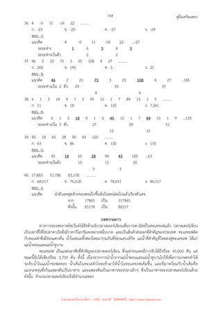 คู่มือเตรียมสอบ
168
36. 4 -5 11 -14 22 ..........
ก. -23 ข. -25 ค. -27 ง. -29
ตอบ ก.
แนวคิด 4 -5 11 -14 22 ...-27
ระยะห่าง 1 6 3 8 5
ระยะห่างเว้นตัว 2 2
37. 46 2 23 75 3 25 108 4 27 ..........
ก. 200 ข. 145 ค. 5 ง. 21
ตอบ ข.
แนวคิด 46 2 23 75 3 25 108 4 27 ...145
ระยะห่างเว้น 2 ตัว 29 33 37
4 4
38. 6 1 3 18 9 1 5 45 12 1 7 84 15 1 9 ..........
ก. 11 ข. 18 ค. 135 ง. 7,561
ตอบ ค.
แนวคิด 6 1 3 18 9 1 5 45 12 1 7 84 15 1 9 ...135
ระยะห่างเว้น 3 ตัว 27 39 51
12 12
39. 45 18 65 28 90 43 120 ..........
ก. 63 ข. 86 ค. 130 ง. 155
ตอบ ก.
แนวคิด 45 18 65 28 90 43 120 ...63
ระยะห่างเว้นตัว 10 15 20
5 5
40. 17,865 51,786 65,178 ..........
ก. 68,517 ข. 76,518 ค. 78,651 ง. 86,517
ตอบ ง.
แนวคิด นําตัวเลขสุดท้ายของพจน์ไปขึ้นต้นในพจน์ต่อไปแล้วเรียงตัวเลข
จาก 17865 เป็น 517865
ดังนั้น 65178 เป็น 86517
บทความยาว
ทางการของสหภาพโซเวียตได้สั่งห้ามจับปลาสเตอร์เจียนเพื่อการพาณิชย์ในทะเลชอฟแล้ว ปลาสเตอร์เจียน
เป็นปลาที่ให้ไข่ปลาคาเวียซึ่งมีราคากิโลกรัมละหลายหมื่นบาท และเป็นสินค้าส่งออกที่สําคัญของประเทศ ทะเลชอฟติด
กับทะเลดําซึ่งมีช่องแคบคั่น น้ําในทะเลทั้งสองไหลมารวมกันที่ช่องแคบเคิร์ช แม่น้ําที่สําคัญที่ไหลลงสู่ทะเลชอฟ ได้แก่
แม่น้ําดอนและแม่น้ําคูบาน
ทะเลชอฟ เป็นแหล่งอาศัยที่สําคัญของปลาสเตอร์เจียน ซึ่งแต่ก่อนเคยมีการจับได้ถึงปีละ 90,000 ตัน แต่
ขณะนี้จับได้เพียงปีละ 5,700 ตัน ทั้งนี้ เนื่องจากการนําน้ําจากแม่น้ําดอนและแม่น้ําคูบานไปใช้เพื่อการเกษตรทําให้
ระดับน้ําในแม่น้ําชอฟลดลง น้ําเค็มในทะเลดําไหลเข้ามาให้น้ําในทะเลชอฟเค็มขึ้น และที่มาพร้อมกับน้ําเค็มคือ
แมงกะพรุนซึ่งกินแพลงตันเป็นอาหาร และแพลงตันเป็นอาหารของปลาเล็กๆ ซึ่งเป็นอาหารของปลาสเตอร์เจียนด้วย
ดังนั้น จํานวนปลาสเตอร์เจียนจึงมีจํานวนลดลง
นำมาเผยแพร่โดยประพันธ์ เวารัมย์ (แจกฟรี ไม่่มีลิขสิทธิ์) http://valrom.igetweb.com
 