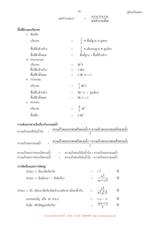 คู่มือเตรียมสอบ
26
เลขจํานวนมาก =
อย
เลขจํานวนน้
.
น
.
ร
.
ค
.
ม
.
ร
.
ห ×
พื้นที่ผิวและปริมาตร
ก. พีระมิด
ปริมาตร = 2
1 × พื้นที่ฐาน × สูงตรง
พื้นที่ผิวด้านข้าง = 2
1 × เส้นรอบฐาน × สูงเอียง
พื้นที่ผิวทั้งหมด = พื้นที่ฐาน + พื้นที่ด้านข้าง
ข. ทรงกระบอก
ปริมาตร = πr2
h
พื้นที่ผิวด้านข้าง = 2 πrh
พื้นที่ผิวทั้งหมด = 2 πr (h + r)
ค. กรวยกลม
ปริมาตร = 3
1 πr2
h
พื้นที่ผิวด้านข้าง = πrl (l = สูงเอียง)
พื้นที่ผิวทั้งหมด = πr (l + r)
ง. ทรงกลม
ปริมาตร = 3
4 πr3
พื้นที่ผิว = 4 πr2
การเดินทางทางเรือเกี่ยวกับกระแสน้ํา
ความเร็วของเรือในน้ํานิ่ง = 2
อทวนนํ*า
งการพายเรื
ความเร็วขอ
อตามนํ*า
งการพายเรื
ความเร็วขอ +
ความเร็วของกระแสน้ํา = 2
อทวนนํ*า
งการพายเรื
ความเร็วขอ
อตามนํ*า
งการพายเรื
ความเร็วขอ −
ความเร็วของการพายเรือตามน้ํา = ความเร็วของเรือในน้ํานิ่ง + ความเร็วของกระแสน้ํา
ความเร็วของการพายเรือทวนน้ํา = ความเร็วของเรือในน้ํานิ่ง – ความเร็วของกระแสน้ํา
การจัดเรียงและการจัดหมู่
นําของ n สิ่งมาจัดเรียงกัน = n ! วิธี
นําของ n สิ่งเลือกมา r สิ่งจัดเรียง =
!
−
!
)
r
n
(
n วิธี
นําของ n สิ่ง เลือกมาจัดเรียงโดยจํานวนดังกล่าวมีของซ้ํากัน =
!
!
!
!
r
q
P
n วิธี
แจกของขวัญ หรือ ส่ง ส.ค.ส. = n (n – 1) วิธี
จับมือ หรือจัดคู่แข่งขันกีฬา = 2
)
1
n
(
n − วิธี
นำมาเผยแพร่โดยประพันธ์ เวารัมย์ (แจกฟรี ไม่่มีลิขสิทธิ์) http://valrom.igetweb.com
 