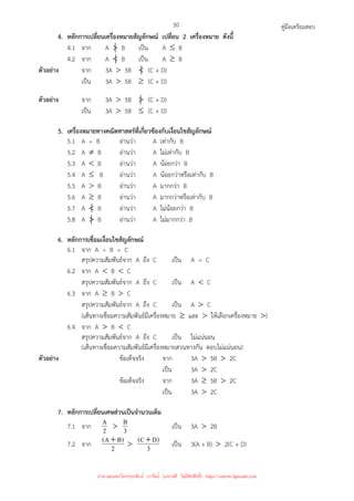 คู่มือเตรียมสอบ
30
4. หลักการเปลี่ยนเครื่องหมายสัญลักษณ์ เปลี่ยน 2 เครื่องหมาย ดังนี้
4.1 จาก A  B เป็น A ≤ B
4.2 จาก A  B เป็น A ≥ B
ตัวอย่าง จาก 3A  5B  (C + D)
เป็น 3A  5B ≥ (C + D)
ตัวอย่าง จาก 3A  5B  (C + D)
เป็น 3A  5B ≤ (C + D)
5. เครื่องหมายทางคณิตศาสตร์ที่เกี่ยวข้องกับเงื่อนไขสัญลักษณ์
5.1 A = B อ่านว่า A เท่ากับ B
5.2 A ≠ B อ่านว่า A ไม่เท่ากับ B
5.3 A  B อ่านว่า A น้อยกว่า B
5.4 A ≤ B อ่านว่า A น้อยกว่าหรือเท่ากับ B
5.5 A  B อ่านว่า A มากกว่า B
5.6 A ≥ B อ่านว่า A มากกว่าหรือเท่ากับ B
5.7 A  B อ่านว่า A ไม่น้อยกว่า B
5.8 A  B อ่านว่า A ไม่มากกว่า B
6. หลักการเชื่อมเงื่อนไขสัญลักษณ์
6.1 จาก A = B = C
สรุปความสัมพันธ์จาก A ถึง C เป็น A = C
6.2 จาก A  B  C
สรุปความสัมพันธ์จาก A ถึง C เป็น A  C
6.3 จาก A ≥ B  C
สรุปความสัมพันธ์จาก A ถึง C เป็น A  C
(เส้นทางเชื่อมความสัมพันธ์มีเครื่องหมาย ≥ และ  ให้เลือกเครื่องหมาย )
6.4 จาก A  B  C
สรุปความสัมพันธ์จาก A ถึง C เป็น ไม่แน่นอน
(เส้นทางเชื่อมความสัมพันธ์มีเครื่องหมายสวนทางกัน ตอบไม่แน่นอน)
ตัวอย่าง ข้อเท็จจริง จาก 3A  5B  2C
เป็น 3A  2C
ข้อเท็จจริง จาก 3A ≥ 5B  2C
เป็น 3A  2C
7. หลักการเปลี่ยนเศษส่วนเป็นจํานวนเต็ม
7.1 จาก 2
A  3
B เป็น 3A  2B
7.2 จาก 2
)
B
A
( +  3
)
D
C
( + เป็น 3(A + B)  2(C + D)
นำมาเผยแพร่โดยประพันธ์ เวารัมย์ (แจกฟรี ไม่่มีลิขสิทธิ์) http://valrom.igetweb.com
 