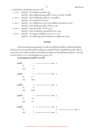 คู่มือเตรียมสอบ
36
3. นําข้อเท็จจริงมาเปรียบเทียบพิจารณาคําตอบ ดังนี้
1. ตอบ ง. ข้อสรุปที่ 1 จริง (หนังสือต่างประเทศมี 8 เล่ม)
ข้อสรุปที่ 2 ไม่แน่ (หนังสือกฎหมายอยู่บนหิ้งที่ 3 จํานวน 2 เล่ม หรือ 3 เล่มก็ได้)
2. ตอบ ง. ข้อสรุปที่ 1 ไม่จริง (หนังสือกฎหมายมีจํานวน 1 เล่ม อยู่ชั้น 2)
ข้อสรุปที่ 2 จริง (ตามเงื่อนไขภาษากําหนด)
3. ตอบ ง. ข้อสรุปที่ 1 จริง (หนังสือธรรมะ จํานวน 4 เล่ม หนังสือต่างประเทศจํานวน 8 เล่ม)
ข้อสรุปที่ 2 ไม่จริง (หนังสือกฎหมายชั้น 2 มีจํานวน 1 เล่ม)
4. ตอบ ข. ข้อสรุปที่ 1 ไม่จริง (มีอย่างน้อย 1 ชั้น ทั้ง 2 แบบ)
ข้อสรุปที่ 2 ไม่จริง (ตามเงื่อนไขภาษาแต่ละชั้นมี จํานวน 5 เล่ม)
5. ตอบ ก. ข้อสรุปที่ 1 จริง (จัดรูปแบบหนังสือได้ 2 แบบมากกว่า 1 แบบ)
ข้อสรุปที่ 2 จริง (หนังสือกฎหมายเท่ากับหนังสือต่างประเทศมีอย่างละ 8 เล่ม)
สรุปเหตุผล
การพิจารณาเงื่อนไขและสรุปเหตุผลเป็นการอ่านตึความตามที่โจทย์กําหนดให้มาหากผู้ทําข้อสอบใช้สามัญ
สํานึกในการพิจารณาก็อาจจะได้คําตอบที่คลาดเคลื่อนจากความเป็นจริงได้ เนื่องจากโจทย์ที่กําหนดมาเป็นการใช้ภาษา
ทางตรรกวิทยา โดยบางครั้งอาจจะขัดต่อความเป็นจริงได้ แต่เราต้องพิจารณาข้อสรุปที่เป็นจริงตามเงื่อนไข ภาคความรู้
ความสามารถทั่วไป (ภาค ก.) สรุปเหตุผลข้อสอบออกประมาณ 5 ข้อ
การสรุปเหตุผลสามารถสรุปได้ 5 แบบ ดังนี้
แบบที่ 1 P Q
ถ้า P
สรุป Q
แบบที่ 2 P Q
ถ้า ∼ P
สรุป ไม่แน่
แบบที่ 3 P Q
ถ้า Q
สรุป ไม่แน่
แบบที่ 4 P Q
ถ้า ∼Q
สรุป ∼P
แบบที่ 5 P Q
ถ้า Q R
สรุป P R
นำมาเผยแพร่โดยประพันธ์ เวารัมย์ (แจกฟรี ไม่่มีลิขสิทธิ์) http://valrom.igetweb.com
 