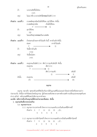 คู่มือเตรียมสอบ
38
ถ้า นายประสิทธิ์ไม่ใช่คน
(∼P)
สรุป ไม่แน่ หรือ นายประสิทธิ์อาจจะเป็นสัตว์ 2 ขา
ตัวอย่าง แบบที่ 3 ยาเสพติดทุกชนิดเป็นสิ่งให้โทษ สุราให้โทษ ดังนั้น
ยาเสพติดทุกชนิด เป็นสิ่งให้โทษ
P Q
ถ้า สุราให้โทษ
(Q)
สรุป ไม่แน่หรือสุราอาจจะเป็นยาเสพติด
ตัวอย่าง แบบที่ 4 ถ้าฝนตกแล้วจะตากผ้าไม่แห้ง วันนี้ ตากผ้าแห้ง ดังนั้น
ฝนตก ตากผ้าไม่แห้ง
P Q
ถ้า วันนี้ตากผ้าแห้ง
(∼Q)
สรุป วันนี้ฝนไม่ตก
(∼P)
ตัวอย่าง แบบที่ 5 คนทุกคนเป็นสัตว์ 2 ขา สัตว์ 2 ขาทุกตัวเดินได้ ดังนั้น
คนทุกคน สัตว์ 2 ขา
P Q
สัตว์ 2 ขาทุกตัว เดินได้
Q R
ดังนั้น คนทุกคน เดินได้
(P) (R)
อนุกรม
อนุกรม หมายถึง ชุดของตัวเลขที่จัดเรียงกันภายใต้กฎเกณฑ์ที่แน่นอนอย่างใดอย่างหนึ่งหรือหลายอย่าง
ประกอบกัน ดังนั้นการทําข้อสอบโจทย์อนุกรรม ผู้เข้าสอบจะต้องพยายามหาหลักเกณฑ์การเปลี่ยนแปลงของชุดตัวเลข
ต่างๆ แล้วนํา หลักเกณฑ์ที่ค้นพบไปพิจารณาหาคําตอบ
แนวคิด หลักการเกี่ยวกับอนุกรมที่มักจะนํามาออกข้อสอบ ดังนั้น
1. อนุกรมเชิงเดี่ยวประกอบด้วย
1.1 อนุกรมการบวก
1.1.1 อนุกรมการบวกค่าคงที่ เกิดจากการบวกและตัวบวกเป็นตัวเลขที่มีค่าคงที่
ตัวอย่าง 3 7 11 15 19 …23…
4 4 4 4 4
1.1.2 อนุกรมการบวกมีค่าไม่คงที่ เกิดจากการบวกและตัวบวกเป็นตัวเลขที่มีค่าไม่คงที่
ตัวอย่าง 7 9 12 16 21 …27…
2 3 4 5 6
นำมาเผยแพร่โดยประพันธ์ เวารัมย์ (แจกฟรี ไม่่มีลิขสิทธิ์) http://valrom.igetweb.com
 