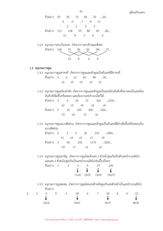 คู่มือเตรียมสอบ
40
ตัวอย่าง 59 56 51 44 35 …24…
-3 -5 -7 -9 -11
2 2 2 2
ตัวอย่าง 115 104 95 88 83 …80…
-11 -9 -7 -5 -3
1.2.4 อนุกรมการลบเว้นระยะ เกิดจากการลบลักษณะพิเศษ
ตัวอย่าง 100 91 90 83 84 …79…
10 8 6 4
1.3 อนุกรมการคูณ
1.3.1 อนุกรมการคูณค่าคงที่ เกิดจากการคูณและตัวคูณเป็นตัวเลขที่มีค่าคงที่
ตัวอย่าง 3 6 12 24 48 …96…
x2 x2 x2 x2 x2
1.3.2 อนุกรมการคูณเรียงลําดับ เกิดจากการคูณและตัวคูณเป็นเลขเรียงอันดับซึ่งอาจจะเป็นเลขเรียง
อันดับที่เพิ่มขึ้นหรือลดลง และเริ่มจากเลขจํานวนใดก็ได้
ตัวอย่าง 3 6 18 72 360 …2160…
x2 x3 x4 x5 x6
ตัวอย่าง 5 25 100 300 …600…
X5 x4 x3 x2
1.3.3 อนุกรมการคูณแบบสัดส่วน เกิดจากการคูณและตัวคูณเป็นตัวเลขที่มีค่าเพิ่มขึ้นหรือลดลงเป็น
แบบสัดส่วน
ตัวอย่าง 2 2 6 30 210 …1890…
X1 x3 x5 x7 x9
ตัวอย่าง 5 45 235 1175 …3525…
X9 x7 x5 x3
1.3.4 อนุกรมการคูณสามัญ เกิดจากการคูณโดยตัวเลข 2 ตัวหน้าคูณกันเป็นตัวเลขจํานวนถัดไป
และเลข 2 ตัวต่อไปคูณกันเป็นเลขจํานวนถัดไปเช่นนี้ไปเรื่อยๆ
ตัวอย่าง 1 3 3 9 27 243
(1x3) (3x3) (3x9) (9x27)
1.3.5 อนุกรมการคูณสะสม เกิดจากการคูณโดยเลขตัวหลังคูณกับเลขตัวหน้าเป็นเลขจํานวนถัดไป
ตัวอย่าง
2 3 6 4 5 20 6 7 42 8 9 …72…
(2x3) (4x5) (6x7) (8x9)
นำมาเผยแพร่โดยประพันธ์ เวารัมย์ (แจกฟรี ไม่่มีลิขสิทธิ์) http://valrom.igetweb.com
 