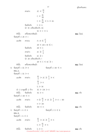 คู่มือเตรียมสอบ
57
สายล่าง 2C  5
G
C  10
G
C  10
G  G  6G
ข้อเท็จจริง C  G
นํา 5E เปรียบเทียบกับ 6G
5E  C  G
ดังนั้น เครื่องหมายขัดแย้ง ตอบ ไม่แน่
ข้อสรุปที่ 2 2B  I
แนวคิด สายบน A + B ≤ 2
C
2B  2(A + B) ≤ C
ข้อเท็จจริง 2B  C
สายล่าง 2C ≥ 3
I
ข้อเท็จจริง 6C ≥ I
นํา 2B เปรียบเทียบกับ I
2B  C  6C ≥ I
ดังนั้น เครื่องหมายขัดแย้ง ตอบ ไม่แน่
8. ข้อสรุปที่ 1 3G  K ข้อสรุปที่ 2 3M  H
ตอบ ก.
ข้อสรุปที่ 1 3G  K
แนวคิด สายล่าง 5
G  2C ≥ 3
I  K
5
G  K
G  5K
นํา 3 มาคูณทั้ง 2 ข้าง 3G  15K  K
ดังนั้น ข้อเท็จจริง 3G  K ตอบ จริง
ข้อสรุปที่ 2 3M  H
แนวคิด สายล่าง H ≥ 5
G  2C ≥ 3
I  K = 3M
H  3M
ดังนั้น ข้อเท็จจริง 3M  H ตอบ จริง
9. ข้อสรุปที่ 1 G  K ข้อสรุปที่ 2 D  B
ตอบ ข.
ข้อสรุปที่ 1 G  K
แนวคิด สายล่าง 5
G  2C ≥ 3
I  K
G  5
G  K
ดังนั้น ข้อเท็จจริง G  K ตอบ เท็จ
นำมาเผยแพร่โดยประพันธ์ เวารัมย์ (แจกฟรี ไม่่มีลิขสิทธิ์) http://valrom.igetweb.com
 