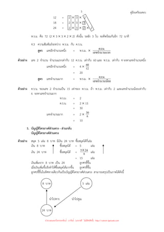 คู่มือเตรียมสอบ
5
12 = 2 × 3 × 2
18 = 2 × 3 × 3
24 = 2 × 3 × 2 × 2
ห.ร.ม. คือ 72 (2 × 3 × 3 × 2 × 2) ดังนั้น ระฆัง 3 ใบ จะตีพร้อมกันอีก 72 นาที
4.3 ความสัมพันธ์ระหว่าง ห.ร.ม. กับ ค.ร.น.
สูตร เลขอีกจํานวนหนึ่ง = ห.ร.ม. × ก
เลขจํานวนแร
.
น
.
ร
.
ค
ตัวอย่าง เลข 2 จํานวน จํานวนแรกเท่ากับ 12 ค.ร.น. เท่ากับ 60 และ ห.ร.ม. เท่ากับ 4 จงหาเลขจํานวนหนึ่ง
เลขอีกจํานวนหนึ่ง = 4 × 12
60
= 20
สูตร เลขจํานวนมาก = ห.ร.ม. ×
อย
เลขจํานวนน้
.
น
.
ร
.
ค
ตัวอย่าง ค.ร.น. ของเลข 2 จํานวนเป็น 15 เท่าของ ห.ร.ม. ถ้า ห.ร.ม. เท่ากับ 2 และเลขจํานวนน้อยเท่ากับ
6 จงหาเลขจํานวนมาก
ห.ร.ม. = 2
ค.ร.น. = 2 × 15
= 30
เลขจํานวนมาก = 2 × 6
30
= 10
5. บัญญัติไตรยางศ์ส่วนตรง - ส่วนกลับ
บัญญัติไตรยางศ์ส่วนตรง
ตัวอย่าง สมุด 5 เล่ม 8 บาท มีเงิน 24 บาท ซื้อสมุดได้กี่เล่ม
เงิน 8 บาท ซื้อสมุดได้ = 5 เล่ม
เงิน 24 บาท ซื้อสมุดได้ = 8
24
5× เล่ม
= 15 เล่ม
เงินเพิ่มจาก 8 บาท เป็น 24 ลูกศรชี้ขึ้น
เมื่อเงินเพิ่มขึ้นจึงทําให้ซื้อสมุดได้มากขึ้น ลูกศรชี้ขึ้น
ลูกศรชี้ขึ้นในทิศทางเดียวกันเป็นบัญญัติไตรยางศ์ส่วนตรง สามารถสรุปเป็นภาพได้ดังนี้
8 บาท 5 เล่ม
24 บาท
นําไปหาร นําไปคูณ
นำมาเผยแพร่โดยประพันธ์ เวารัมย์ (แจกฟรี ไม่่มีลิขสิทธิ์) http://valrom.igetweb.com
 