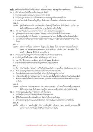 คู่มือเตรียมสอบ
72
คําสั่ง จงเลือกตัวเลือกที่มีประโยคที่เรียบเรียงคํา หรือใช้คําไม่รัดกุม หรือไม่ถูกต้องตามหลักภาษา
76. ก. ผู้มีน้ําหนักมากเกินไปมีโอกาสเสี่ยงที่จะขาดวิตามินได้
ข. ผิวหนังของผู้สูงอายุจะหย่อนสมรรถนะในการสร้างวิตามิน
ค. ชาวบ้านปลูกฝ้ายและครามเองเพื่อลดต้นทุนการผลิตและอนุรักษ์พันธุ์พืชท้องถิ่นด้วย
ง. การทอผ้าและย้อมผ้าด้วยครามเป็นภูมิปัญญาท้องถิ่นของชาวบ้านเหล่าครามสืบต่อกันมาหลายชั่วอายุคน
ตอบ ก.
แนวคิด ผู้ที่มีน้ําหนักมากเกินไป เป็นคําฟุ่มเฟือย เนื่องจากผู้มีน้ําหนักมาก ไม่ต้องมีคําว่า “เกินไป” มา
ต่อท้ายก็เข้าใจความหมายแล้ว เช่น เขาตายโดยไม่หายใจ เป็นต้น
77. ก. รัฐบาลได้วางนโยบายและออกมาตรการต่างๆ เพื่อจูงใจให้มีการลงทุนในภูมิภาค
ข. อุตสาหกรรมมีการกระจุกตัวในกรุงเทพฯ น้อยลง แต่มีแนวโน้มจะเพิ่มขึ้นในเขตปริมณฑล
ค. อุตสาหกรรมในภูมิภาคส่วนใหญ่เกิดจากการลงทุนของผู้ประกอบการซึ่งมีพื้นฐานเป็นคนในท้องถิ่นนั้นๆ
ง. แนวคิดใหม่ในการพัฒนาอุตสาหกรรมในภูมิภาคเน้นการพัฒนาความรู้ความสามารถของผู้ประกอบการใน
ท้องถิ่น
ตอบ ค.
แนวคิด ควรตัดคําว่าพื้นฐาน เปลี่ยนจาก พื้นฐาน เป็น พื้นเพ พื้นเพ หมายถึง หลักแหล่งดั้งเดิมของ
บุคคล เช่น พื้นเพเป็นคนสมุทรสงคราม หรืออาจใช้คําว่า “พื้นเดิม” หรือ “พื้นเพเดิม” ก็ได้
ส่วนคําว่า พื้นฐาน มักใช้คําว่า ความรู้พื้นฐาน
78. ก. คนทั่วไปมักจะคิดว่าปัญหาฝ้าเกิดจากความเสื่อมหรือเสียสมดุลภายในร่างกาย
ข. ฝ้าเป็นปัญหาที่เกิดขึ้นจากความเสื่อม หรือเสียสมดุลภายในร่างกาย
ค. ขณะที่รักษาฝ้าอาจเกิดภาวะหน้าแดง แสบร้อนที่ผิวรุนแรง ผิวหน้าลอก
ง. การรักษาฝ้าจากภายในทําได้โดยการเพิ่มภูมิต้านทานแก่ผิวและสุขภาพ
ตอบ ก.
แนวคิด เป็นคําฟุ่มเฟือย “มักจะ” คนทั่วไปคิดว่าปัญญาฝ้าเกิดจากความเสื่อม หรือเสียสมดุลภายในร่างกาย
79. ก. สึนามิ ส่วนใหญ่เกิดจากการเคลื่อนตัวของเปลือกโลกใต้ทะเลอย่างฉับพลัน
ข. ถ้าแผ่นดินไหวยิ่งเกิดที่ก้นทะเลลึกเท่าไหร่ ความเร็วในสึนามิจะสูงขึ้นมากเท่านั้น
ค. คลื่นทะเลทั่วๆ ไป มีความเร็วประมาณ 90 กม./ชม. แต่คลื่นสึนามิมีความเร็วพอๆ กับเครื่องบินพาณิชย์
ง. สึนามิจะเกิดขึ้นเมื่อน้ําทะเลในปริมาตรมหาศาล ถูกผลักดันให้เคลื่อนออกจากตําแหน่งเดิมในแนวดิ่งอย่าง
กะทันหัน
ตอบ ง.
แนวคิด เปลี่ยนจาก “ปริมาตรมหาศาล” เป็น “ปริมาณมหาศาล” เนื่องจากน้ําทะเลเกิดขึ้นจากธรรมชาติ
มิได้บรรจุในภาชนะ ถ้าน้ําทะเลบรรจุอยู่ในภาชนะสามารถเรียกหน่วยการวัดน้ําเป็นปริมาตรได้
80. ก. สถานการณ์ตอนนี้จะเห็นได้ว่ามีโรคต่างๆ เกิดขึ้นมากมาย
ข. การใช้เครื่องเป่าลมเป่ามือให้แห้งเป็นขั้นตอนที่ไม่ถูกสุขอนามัย
ค. ผู้ที่ล้างมือโดยแค่พรมน้ําบนมือแต่ไม่ถูกสบู่ ถือว่าล้างมือไม่ถูกสุขลักษณะ
ง. ผู้ที่ล้างมืออย่างถูกสุขลักษณะแต่ไม่เช็ดมือให้แห้ง จะกลายเป็นแหล่งเชื้อโรคเพราะความเปียกชื้น
ตอบ ค.
แนวคิด เปลี่ยนจาก “พรมน้ําบนมือ” เป็น “ราดน้ําบนมือ” เนื่องจาก ราดน้ํา หมายถึง เทของเหลวให้
แผ่กระจายไป ส่วนพรมน้ํา มักใช้กับการพรมน้ํามนต์ เป็นต้น
นำมาเผยแพร่โดยประพันธ์ เวารัมย์ (แจกฟรี ไม่่มีลิขสิทธิ์) http://valrom.igetweb.com
 