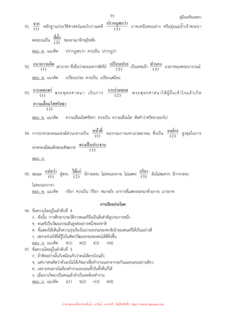 คู่มือเตรียมสอบ
93
91. )
1
(
จาก หลักฐานประวัติศาสตร์และโบราณคดี )
2
(
ปรากฏพบว่า
ภาคเหนือตอนล่าง หรือลุ่มแม่น้ําเจ้าพระยา
ตอนบนเป็น )
3
(
ที=ตั*ง ของอาณาจักรสุโขทัย
ตอบ ค. แนวคิด ปรากฏพบว่า ควรเป็น ปรากฏว่า
92. )
1
(
แนวความคิด เทวราชา ซึ่งถือว่าพระมหากษัตริย์ )
2
(
เปรียบเปรย เป็นเทพเจ้า )
3
(
ทํานอง อวตารของพระนารายณ์
ตอบ ค. แนวคิด เปรียบเปรย ควรเป็น เปรียบเสมือน
93. )
1
(
การเผยแพร่ พระพุทธศาสนา เป็นการ )
2
(
การถ่ายทอด พระพุทธศาสนาให้ผู้อื่นเข้าใจแล้วเกิด
)
3
(
ใสศรัทธา
ความเลื=อม
ตอบ ข. แนวคิด ความเลื่อมใสศรัทธา ควรเป็น ความเลื่อมใส ตัดคําว่าศรัทธาออกไป
94. การปกครองคณะสงฆ์ส่วนกลางเป็น )
1
(
หน้าที= ของกรมการมหาเถรสมาคม ซึ่งเป็น )
2
(
องค์กร สูงสุดในการ
ปกครองมีสมเด็จพระสังฆราช )
3
(
ธาน
ทรงเป็นประ
ตอบ ก.
95. สมณะ )
1
(
แปลว่า ผู้สงบ )
2
(
ได้แก่ มีกายสงบ ไม่คะนองกาย ไม่แสดง )
3
(
กริยา อันไม่สมควร มีวาจาสงบ
ไม่คะนองวาจา
ตอบ ค. แนวคิด กริยา ควรเป็น กิริยา หมายถึง อาการที่แสดงออกมาด้วยกาย มารยาท
การเรียงประโยค
96. ข้อความใดอยู่ในลําดับที่ 4
ก. ดังนั้น การศึกษาประวัติการดนตรีจึงเป็นสิ่งสําคัญประการหนึ่ง
ข. ดนตรีเป็นวัฒนธรรมอันสูงส่งอย่างหนึ่งของชาติ
ค. ที่แสดงให้เห็นถึงความรุ่งเรืองในอารยธรรมของชาติเจ้าของดนตรีได้เป็นอย่างดี
ง. เพราะช่วยให้ได้รู้ใจในศิลปวัฒนธรรมของตนได้ดียิ่งขึ้น
ตอบ ก. แนวคิด ข(1) ค(2) ง(3) ก(4)
97. ข้อความใดอยู่ในลําดับที่ 3
ก. ถ้าคิดอย่างนั้นก็เหมือนกับว่าตนได้ตายไปแล้ว
ข. แต่บางคนคิดว่าตัวเองไม่ได้เกิดมาเพื่อทํางานนอกจากจะกินและนอนอย่างเดียว
ค. เพราะคนตายไม่ต้องทํางานจะนอนทั้งวันทั้งคืนก็ได้
ง. เมื่อเราเกิดมาเป็นคนแล้วจําเป็นจะต้องทํางาน
ตอบ ก. แนวคิด ง(1) ข(2) ก(3) ค(4)
นำมาเผยแพร่โดยประพันธ์ เวารัมย์ (แจกฟรี ไม่่มีลิขสิทธิ์) http://valrom.igetweb.com
 