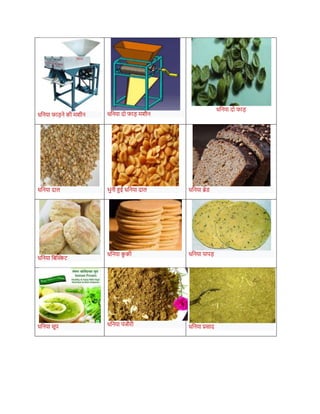 धनिया फाडिे की मशीि धनिया दो फाड मशीि
धनिया दो फाड
धनिया दाल भुिी हुई धनिया दाल धनिया ब्रेड
धनिया नर्क्तस्कट
धनिया क
ु की धनिया पापड
धनिया सूप धनिया पंजीरी धनिया प्रसाद
 