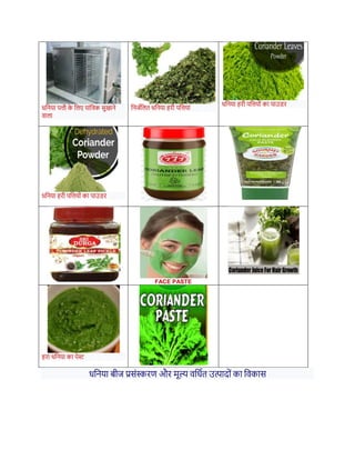 धनिया पिी क
े नलए यांनत्क सुखािे
वाला
निजधनलत धनिया िरी पनियां
धनिया िरी पनियों का पाउडर
धनिया िरी पनियों का पाउडर
FACE PASTE
िरा धनिया का पेस्ट
धनिया र्ीज प्रसंस्करण और मूल्य वनधधत उत्पादों का नवकास
 