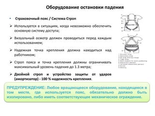 • Страховочный пояс / Система Строп
 Используется в ситуациях, когда невозможно обеспечить
основную систему доступа;
 Визуальный осмотр должен проводиться перед каждым
использованием;
 Надежная точка крепления должна находиться над
работником;
 Строп пояса и точка крепления должны ограничивать
максимальный уровень падения до 1.3 метра;
 Двойной строп и устройство защиты от ударов
(амортизатор) - 100 % надежность крепления.
Оборудование остановки падения
ПРЕДУПРЕЖДЕНИЕ: Любое вращающееся оборудование, находящееся в
том месте, где используется пояс, обязательно должно быть
изолировано, либо иметь соответствующее механическое ограждение.
 