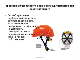 Требования безопасности к ношению защитной каски при
работе на высоте
• Способ крепления
подбородочного ремня
должен обеспечивать
возможность его
быстрого отсоединения и
не допускать
самопроизвольного
падения или смещения
каски с головы
работающего.
Safety induction 26
 