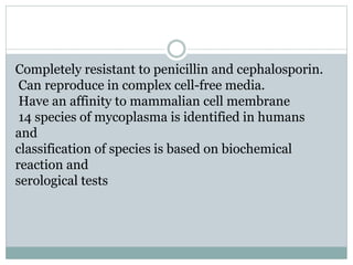 Completely resistant to penicillin and cephalosporin.
Can reproduce in complex cell-free media.
Have an affinity to mammalian cell membrane
14 species of mycoplasma is identified in humans
and
classification of species is based on biochemical
reaction and
serological tests
 