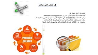 ‫اإل‬ ‫هذة‬ ‫تعتمد‬
‫ستراتيجية‬
‫على‬
:
‫التطبيقية‬ ‫التمارين‬ ‫من‬ ‫مجموعة‬ ‫بحل‬ ‫الطالب‬ ‫قيام‬
(Problem Solving)
‫حاالت‬ ‫دراسة‬ ‫و‬
(Case Study)
‫الدراسية‬ ‫بالمقررات‬ ‫تدريسها‬ ‫تم‬ ‫التى‬ ‫المعارف‬ ‫على‬
‫المشكالت‬ ‫تلك‬ ‫حل‬ ‫في‬ ‫لهم‬ ‫المساعدة‬ ‫وتقديم‬ ‫الطالب‬ ‫بمتابعة‬ ‫المعلم‬ ‫ويقوم‬
‫العملية‬ ‫الحياه‬ ‫في‬ ‫تواجههم‬ ‫التى‬ ‫المشكالت‬ ‫حل‬ ‫على‬ ‫الطالب‬ ‫قدرة‬ ‫يعزز‬ ‫مما‬
.
4
.
‫مباشر‬ ‫الغير‬ ‫التعليم‬
 