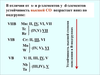 VIIB Mn: II, IV, VI, VII
Tc
Re
(IV,V) VII
VIB Cr: II, III, VI
Mo
W
(IV, V), VI
VB V: II, III, IV, V
Nb
Ta
(III,IV), V Устойчивость
высшей
степени
окисления
в
В-подгруппах
В отличии от s- и p-элементов у d-элементов
устойчивость высшей СО возрастает вниз по
подгруппе:
 