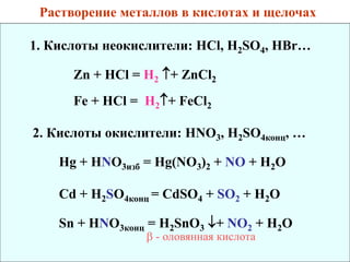 Растворение металлов в кислотах и щелочах
1. Кислоты неокислители: HCl, H2SO4, HBr…
Zn + HCl = H2 + ZnCl2
2. Кислоты окислители: HNO3, H2SO4конц, …
Hg + HNO3изб = Hg(NO3)2 + NO + H2O
Cd + H2SO4конц = CdSO4 + SO2 + H2O
Sn + HNO3конц = H2SnO3 + NO2 + H2O
Fe + HCl = H2+ FeCl2
 - оловянная кислота
 