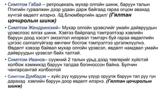 • Симптом Габай – ретроцекаль мухар олгойн шинж, баруун талын
Птигийн гурвалжин дээр удаан дарж байгаад гараа огцом авахад
хүчтэй өвдөлт илэрнэ. /Щ.Блюмбергийн адил/ (Гялтан
цочиролын шинж)
• Симптом Жендринский– Мухар олгойн үрэвслийг умайн дайвруудын
үрэвслээс ялгах шинж. Хэвтээ байрлалд тэмтрэлтээр хэвлийн
баруун доод хэсэгт эмзэглэл илэрвэл тэмтэрч буй гараа өвдөлтийн
цэгээс салгалгүйгээр өвчтөнг босгож тэмтрэлтээ үргэлжлүүлнэ.
Өвдөлт хэвээр байвал мухар олгойн үрэвсэл, өвдөлт намдвал умайн
дайвруудын үрэвсэл байх талтай.
• Симптом Иванов– сүүжний 2 талын урьд дээд төвгөрийг хүйстэй
холбож хэмжихэд баруун талдаа богиноссон байна. Булчин
чангарсантай холбоотой
• Симптом Думбадзе – хүйс рүү хурууны үзүүр оруулж баруун тал руу гүн
дарахад хэвлийн баруун доор өвдөлт илэрнэ. (Гялтан цочиролын
шинж)
 