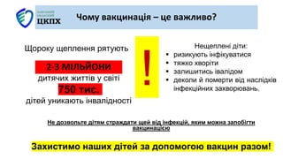 Не дозвольте дітям страждати щей від інфекцій, яким можна запобігти
вакцинацією
Захистимо наших дітей за допомогою вакцин разом!
Чому вакцинація – це важливо?
2-3 МІЛЬЙОНИ
Щороку щеплення рятують
дитячих життів у світі
750 тис.
дітей уникають інвалідності
Нещеплені діти:
 ризикують інфікуватися
 тяжко хворіти
 залишитись івалідом
 деколи й померти від наслідків
інфекційних захворювань.
!
 
