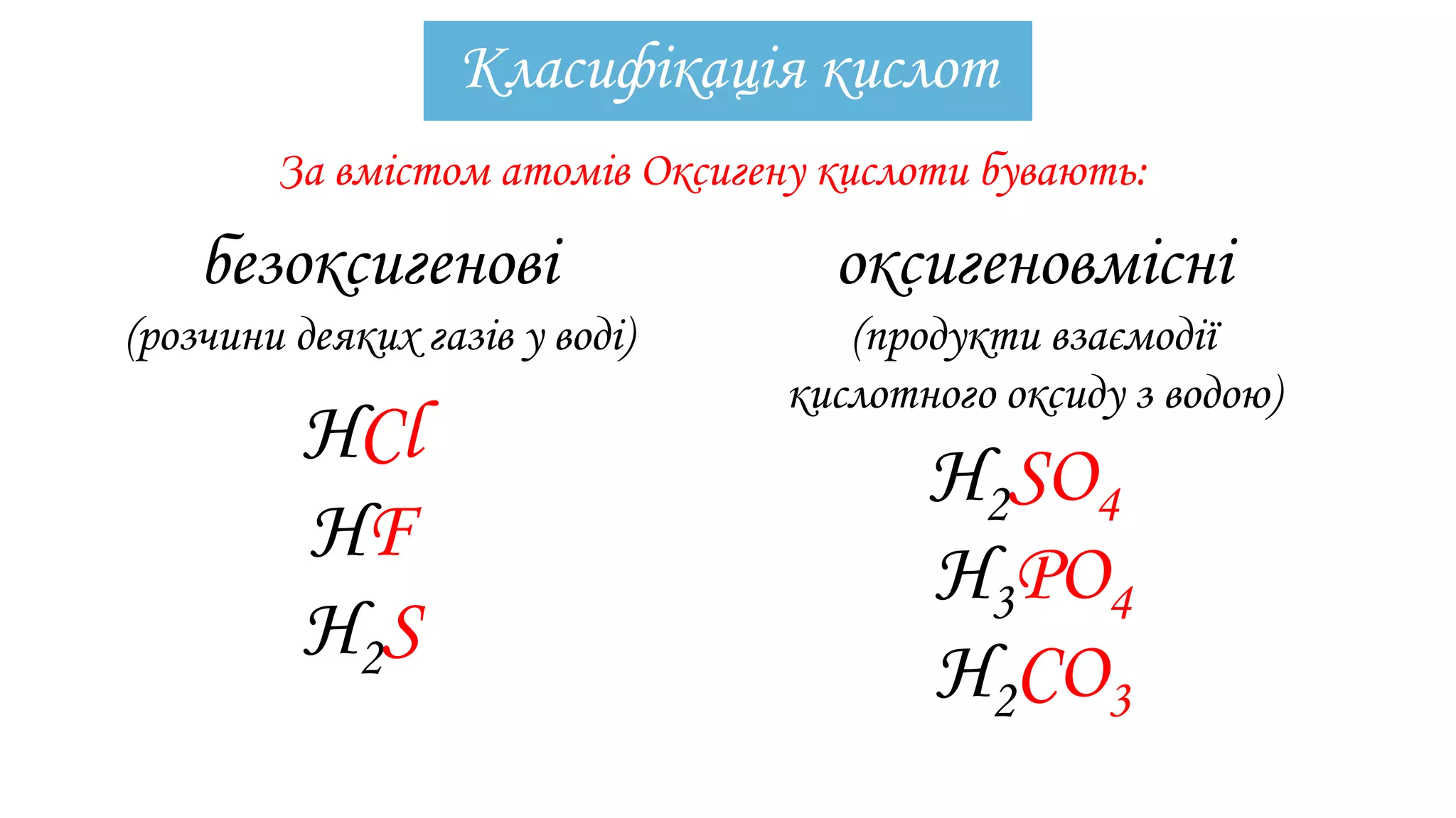 Класифікація кислот
За вмістом атомів Оксигену кислоти бувають:
безоксигенові
(розчини деяких газів у воді)
оксигеновмісні
(продукти взаємодії
кислотного оксиду з водою)
HCl
HF
Н2S
Н2SO4
Н3РО4
Н2СО3
 