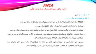 ANCA
(
‫نوتروفیلی‬ ‫ضد‬ ‫سیتوپالسمیک‬ ‫بادی‬ ‫آنتی‬
)
•
‫تست‬ ‫نوع‬
:
‫خون‬
•
‫آن‬ ‫فیزیولوژی‬ ‫و‬ ‫تست‬ ‫تشریح‬
•
ANCA
‫دسته‬
‫ای‬
‫از‬
‫آنتی‬
‫بادیها‬
‫است‬
‫که‬
‫بر‬
‫علیه‬
‫اجزاء‬
‫سیتوپالسمیک‬
‫نوتروفیل‬
‫ها‬
‫ساخته‬
‫می‬
‫شود‬
.
•
‫این‬
‫تست‬
‫برای‬
‫کمک‬
‫در‬
‫تشخیص‬
‫گرانولوماتوز‬
‫وگنر‬
(WG)
‫بکار‬
‫می‬
‫رود‬
.
•
‫همچنین‬
‫این‬
‫تست‬
‫برای‬
‫پیگیری‬
،‫بیماری‬
‫کنترل‬
‫پاسخ‬
‫دهی‬
‫به‬
‫درمان‬
‫و‬
‫شناسایی‬
‫زودرس‬
‫عود‬
‫بیماری‬
‫بکار‬
‫می‬
‫رود‬
.
•
‫بدنبال‬
‫شناسایی‬
ANCAs
‫توسط‬
‫میکروسکوپ‬
‫ایمونوفلورسنس‬
‫غیرمستقیم‬
‫دو‬
‫الگوی‬
‫عمده‬
‫رنگ‬
‫آمیزی‬
‫دیده‬
‫می‬
‫ش‬
‫ود‬
:
ANCA
‫سیتوپالسمیک‬
(C-ANCA)
‫و‬
ANCA
‫پری‬
‫نوکلئاز‬
(P-ANCA)
.
•
‫بررسی‬
‫های‬
‫اختصاصی‬
‫تر‬
‫ایمونوشیمیایی‬
‫نشان‬
‫می‬
‫دهند‬
‫که‬
P-ANCA
‫اساسا‬
‫حاوی‬
‫آنتی‬
‫بادیهای‬
‫ضد‬
‫میلوپراکسیداز‬
(MPO)
‫و‬
C-ANCA
‫حاوی‬
‫آنتی‬
‫بادیهای‬
‫ضد‬
‫پروتئیناز‬
3
(PR3)
‫هستند‬
.
 