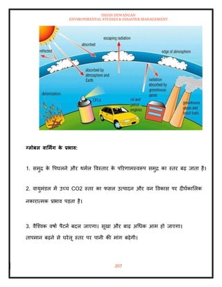 ISHAN DEWANGAN
ENVIRONMENTAL STUDIES & DISASTER MANAGEMENT
207
ग्लोबल वार्मिंग क
े प्रभाव:
1. समुद्र क
े वपघलने और थमाल ववस्िार क
े पररणामस्वरूप समुद्र का स्िर बढ़ जािा है।
2. वायुमंडल में उच्च CO2 स्िर का फसल उत्पादन और वन ववकास पर दीघाकामलक
नकारात्मक प्रभाव पडिा है।
3. वैल्श्वक वषाा पैटना बदल जाएगा। सूखा और बाढ़ अधधक आम हो जाएगा।
िापमान बढ़ने से घरेलू स्िर पर पानी की मांग बढ़ेगी।
 