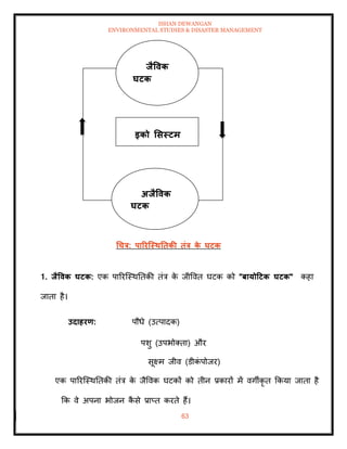 ISHAN DEWANGAN
ENVIRONMENTAL STUDIES & DISASTER MANAGEMENT
63
धचत्र: पाररजस्ितिकी िंत्र क
े घटक
1. िैववक घटक: एक पाररल्स्थतिकी िंत्र क
े जीववि घटक को "बायोटटक घटक" कहा
जािा है।
उदाहरण: पौधे (उत्पादक)
पशु (उपभोतिा) और
सूक्ष्म जीव (डीक
ं पोजर)
एक पाररल्स्थतिकी िंत्र क
े जैववक घटकों को िीन प्रकारों में वगीकृ ि क्रकया जािा है
क्रक वे अपना भोजन क
ै से प्राप्ि करिे हैं।
िैववक
घटक
इको र्सस्टम
अिैववक
घटक
 