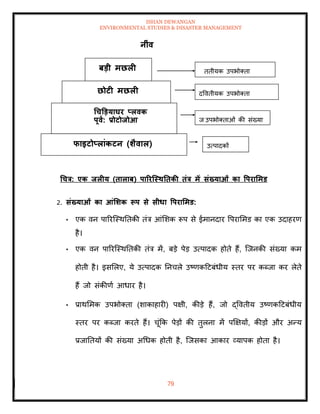ISHAN DEWANGAN
ENVIRONMENTAL STUDIES & DISASTER MANAGEMENT
79
धचत्र: एक िलीय (िालाब) पाररजस्ितिकी िंत्र में संख्याओं का वपरार्मड
2. संख्याओं का आंर्र्क रूप से सीधा वपरार्मड:
• एक वन पाररल्स्थतिकी िंत्र आंमशक रूप से ईमानदार वपराममड का एक उदाहरण
है।
• एक वन पाररल्स्थतिकी िंत्र में, बडे पेड उत्पादक होिे हैं, ल्जनकी संख्या कम
होिी है। इसमलए, ये उत्पादक तनचले उष्णकदटबंधीय स्िर पर कब्जा कर लेिे
हैं जो संकीणा आधार है।
• प्राथममक उपभोतिा (शाकाहारी) पक्षी, कीडे हैं, जो द्वविीय उष्णकदटबंधीय
स्िर पर कब्जा करिे हैं। चूंक्रक पेडों की िुलना में पक्षक्षयों, कीडों और अन्य
प्रजातियों की संख्या अधधक होिी है, ल्जसका आकार व्यापक होिा है।
छोटी मछली
धचडडयाघर प्लवक
पूवा: प्रोटोिोआ
फाइटोप्लांकटन (र्ैवाल)
बडी मछली
उत्पादकों
ज
न
उपभोतिाओं की संख्या
द्वविीयक उपभोतिा
िृिीयक उपभोतिा
नींव
 