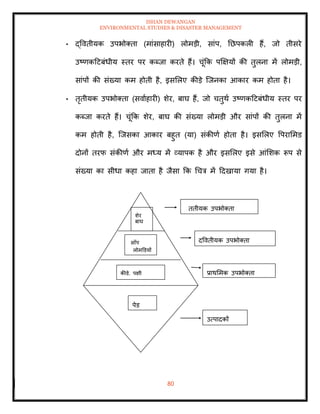 ISHAN DEWANGAN
ENVIRONMENTAL STUDIES & DISASTER MANAGEMENT
80
• द्वविीयक उपभोतिा (मांसाहारी) लोमडी, सांप, तछपकली हैं, जो िीसरे
उष्णकदटबंधीय स्िर पर कब्जा करिे हैं। चूंक्रक पक्षक्षयों की िुलना में लोमडी,
सांपों की संख्या कम होिी है, इसमलए कीडे ल्जनका आकार कम होिा है।
• िृिीयक उपभोतिा (सवााहारी) शेर, बाघ हैं, जो चिुथा उष्णकदटबंधीय स्िर पर
कब्जा करिे हैं। चूंक्रक शेर, बाघ की संख्या लोमडी और सांपों की िुलना में
कम होिी है, ल्जसका आकार बहुि (या) संकीणा होिा है। इसमलए वपराममड
दोनों िरफ संकीणा और मध्य में व्यापक है और इसमलए इसे आंमशक रूप से
संख्या का सीधा कहा जािा है जैसा क्रक धचत्र में ददखाया गया है।
पेड
कीडे, पक्षी
सााँप
लोमडडयों
शेर
बाघ
उत्पादकों
प्राथममक उपभोतिा
द्वविीयक उपभोतिा
िृिीयक उपभोतिा
 
