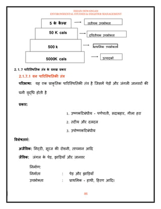 ISHAN DEWANGAN
ENVIRONMENTAL STUDIES & DISASTER MANAGEMENT
86
2.1.7.1 वन पाररजस्ितिकी िंत्र
पररभाषा: यह एक प्राकृ तिक पाररल्स्थतिकी िंत्र है ल्जसमें पेडों और जंगली जानवरों की
घनी वृद्धध होिी है
प्रकार:
1. उष्णकदटबंधीय - पणापािी, सदाबहार, गीला हरा
2. िटीय और दलदल
3. उपोष्णकदटबंधीय
ववर्ेषिाएं:
अिैववक: ममट्टी, सूरज की रोशनी, िापमान आदद
िैववक: जंगल क
े पेड, झाडडयााँ और जानवर
तनमााण:
तनमाािा : पेड और झाडडयााँ
उपभोतिा : प्राथममक - हाथी, दहरण आदद।
5 क
े क
ै पस
50 K cals
500 k
cals
5000K cals उत्पादकों
प्राथममक उपभोतिा
द्वविीयक उपभोतिा
िृिीयक उपभोतिा
2. 1. 7 पाररजस्ितिक िंत्र क
े प्रमुख प्रकार
 
